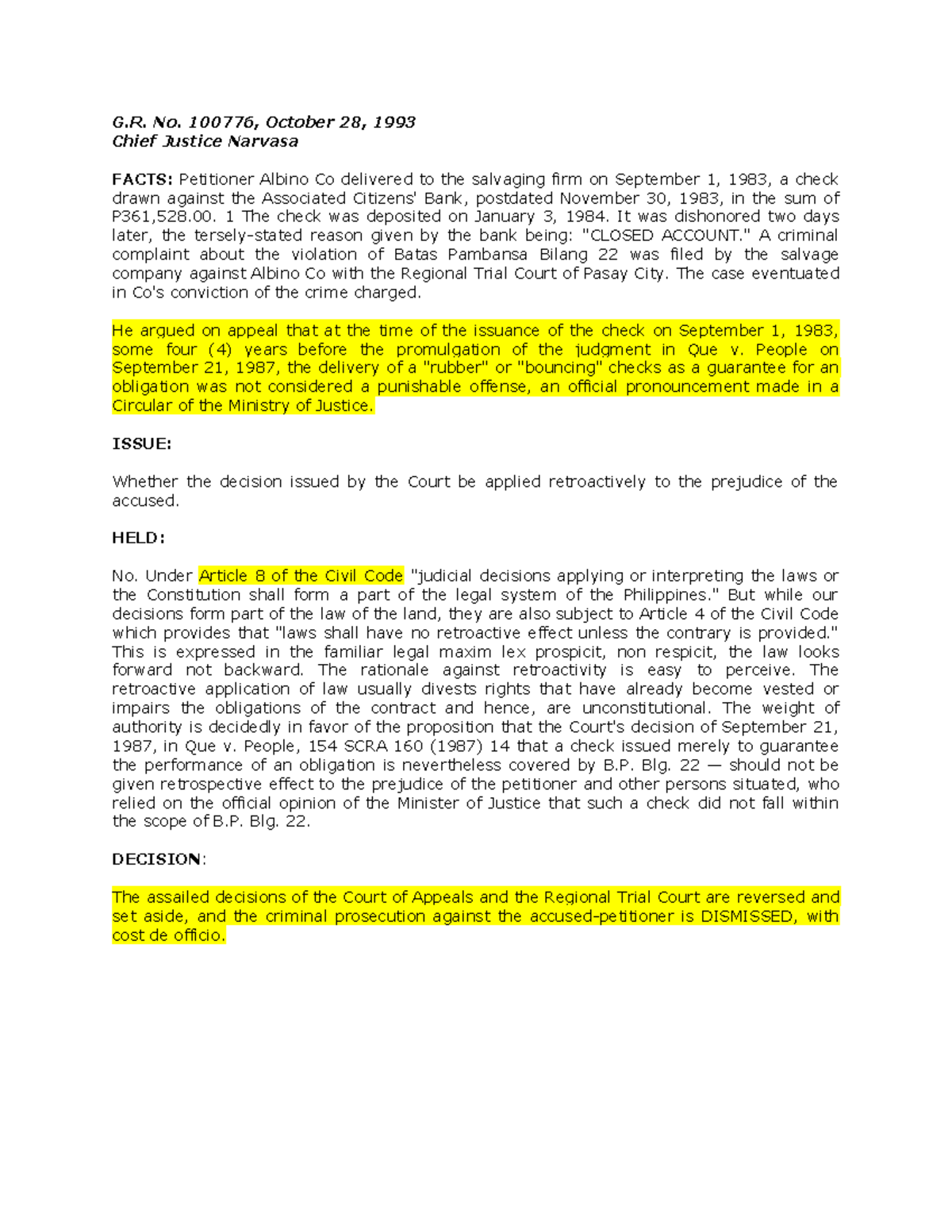 Co Vs Court Of Appeals Case Digest G No 100776 October 28 1993 