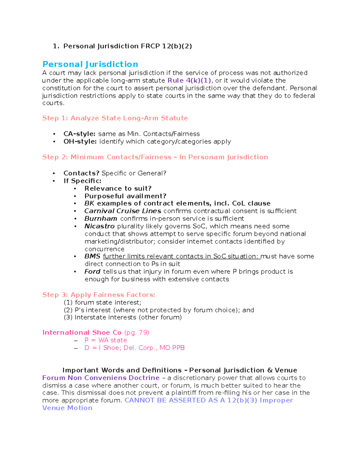 Civil Procedure Outline Spring 2022 - Personal Jurisdiction FRCP 12(b ...