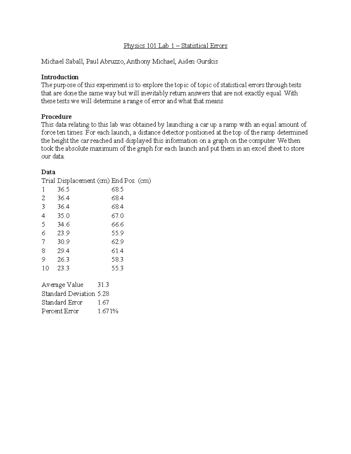 Physics 101 Lab report 1 - Physics 101 Lab 1 – Statistical Errors ...