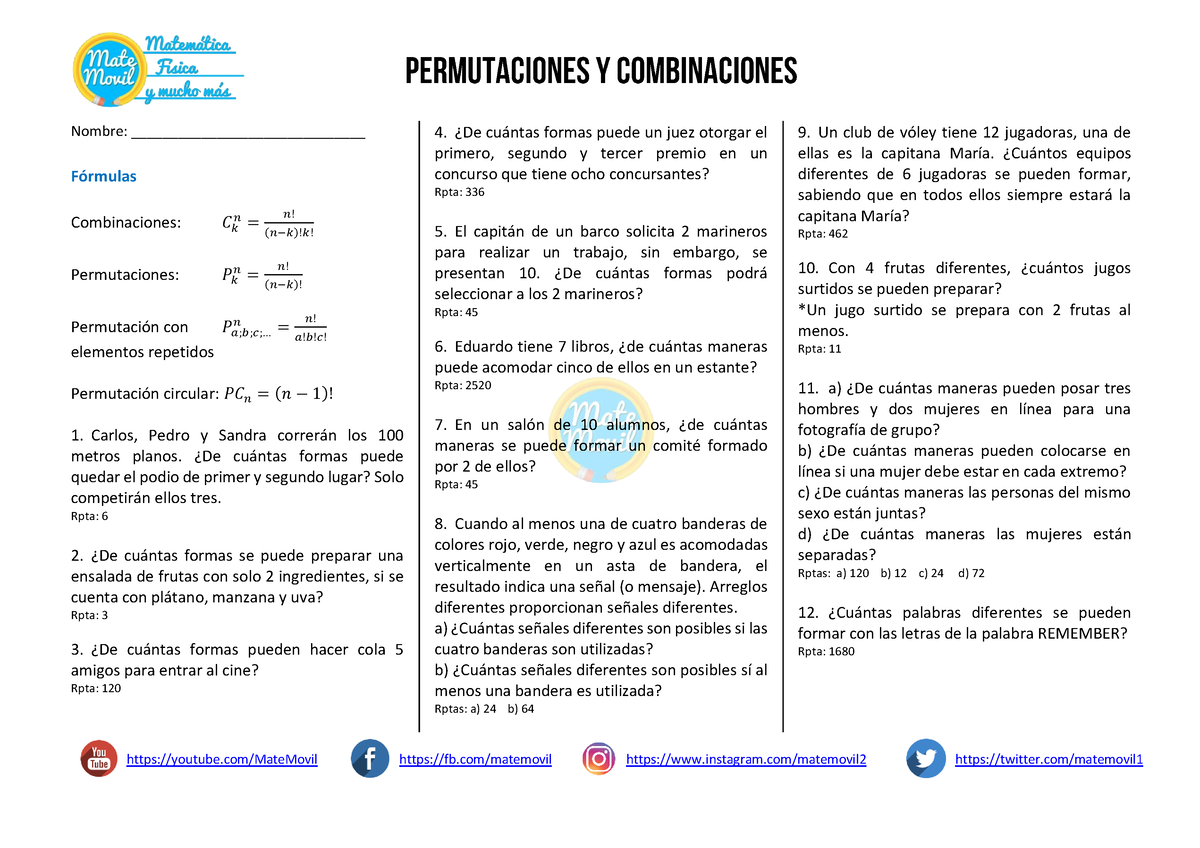 Permutaciones Y Combinaciones Ejercicios Resueltos PDF - Youtube ...