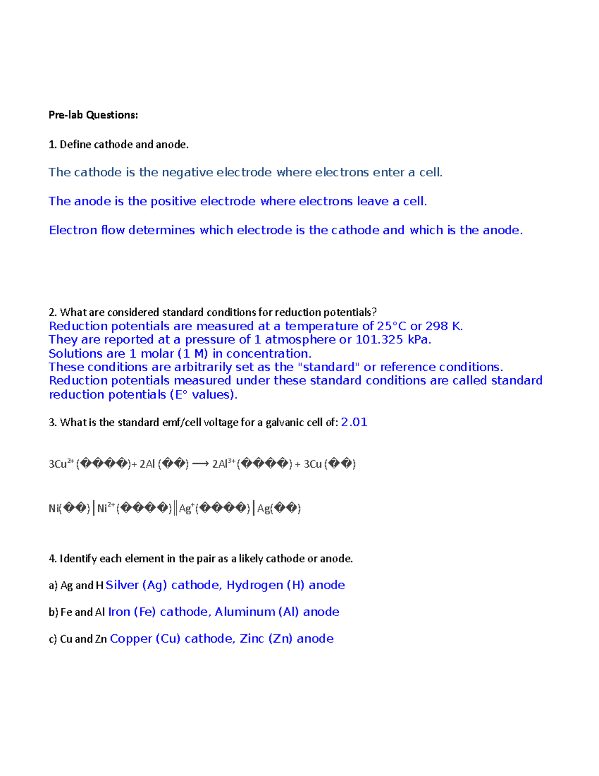 Lab 8Electrochemistry Prelab Questions Define cathode and anode