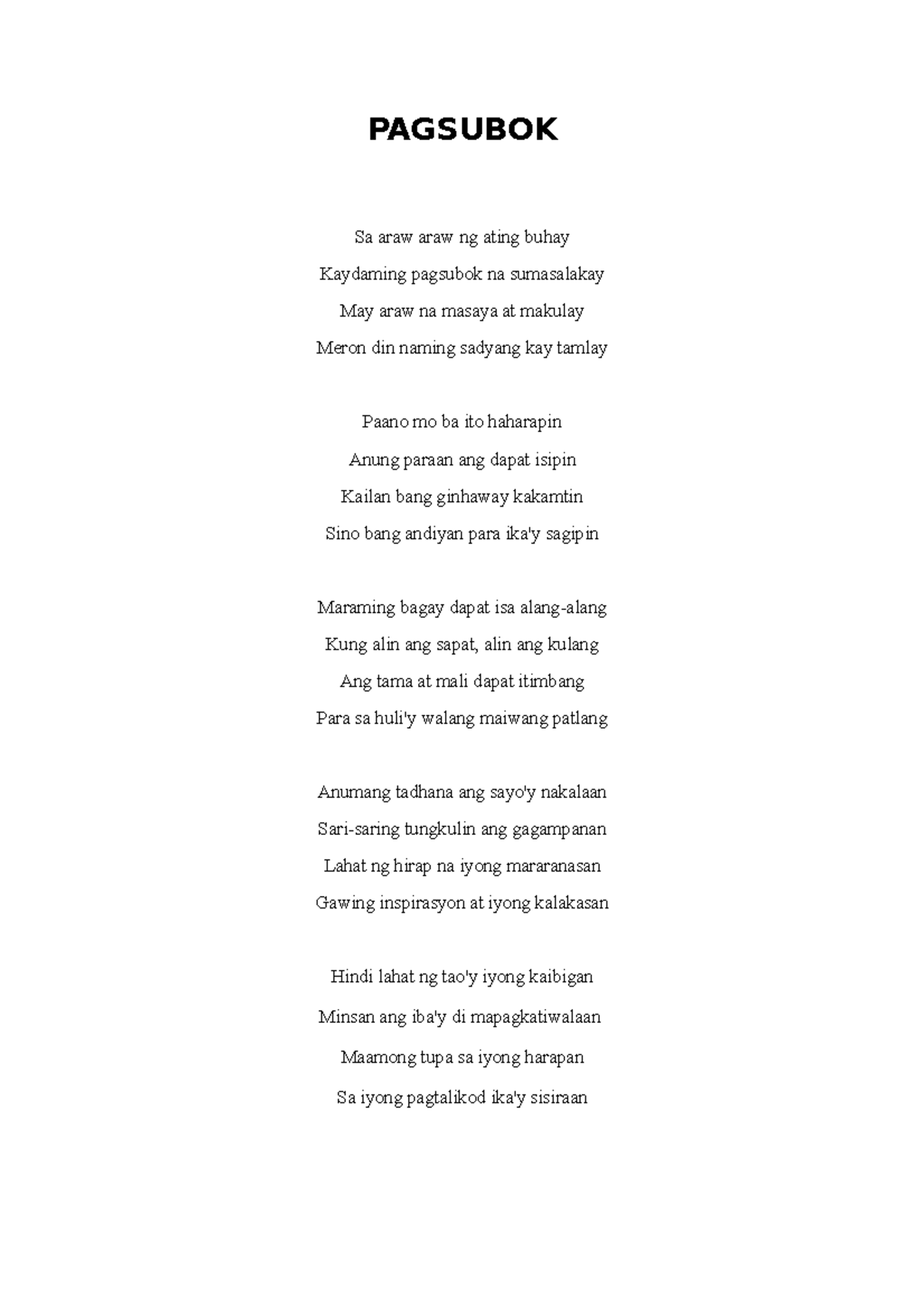 Pagsubok. Filipino poem about the happenings in life - PAGSUBOK Sa araw ...