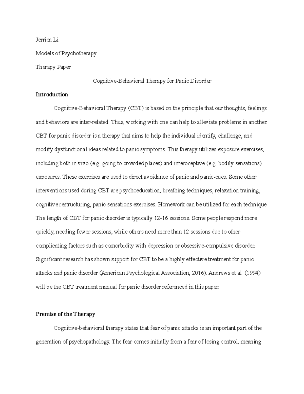 Therapy Paper - Grade: A - Jerrica Li Models of Psychotherapy Therapy ...