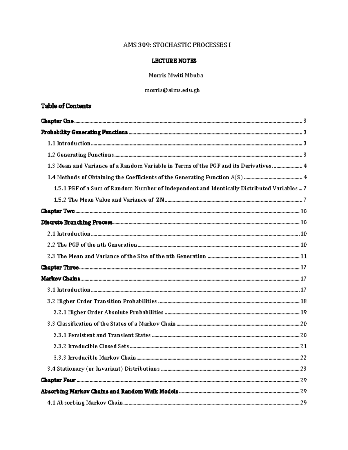 AMS 309 Lecture Notes - Ams 309 - LECTURE NOTES AMS 309: STOCHASTIC ...