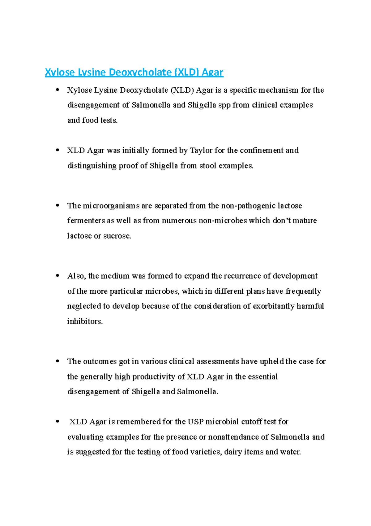 Xylose Lysine Deoxycholate (XLD) Agar XLD Agar was initially formed by Taylor for the Studocu