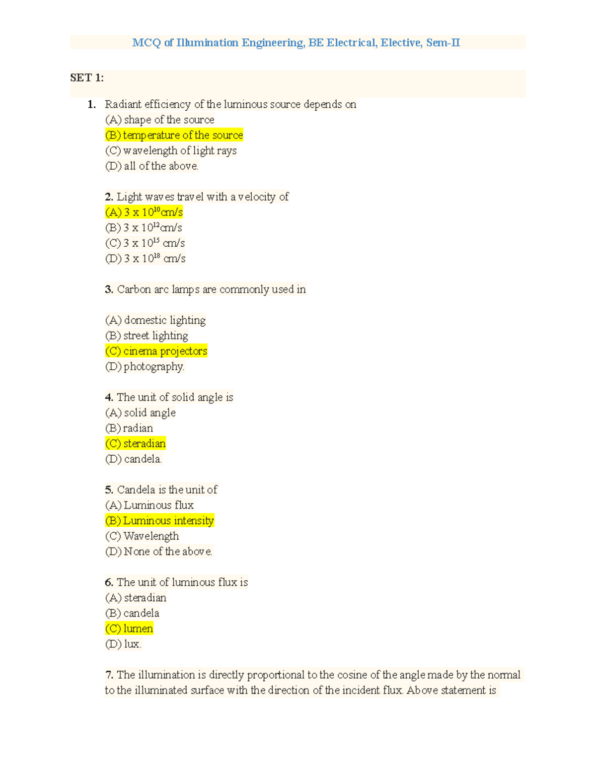 Set 1 Mcq Of Illumination Engineering Set 1 Radiant Efficiency Of