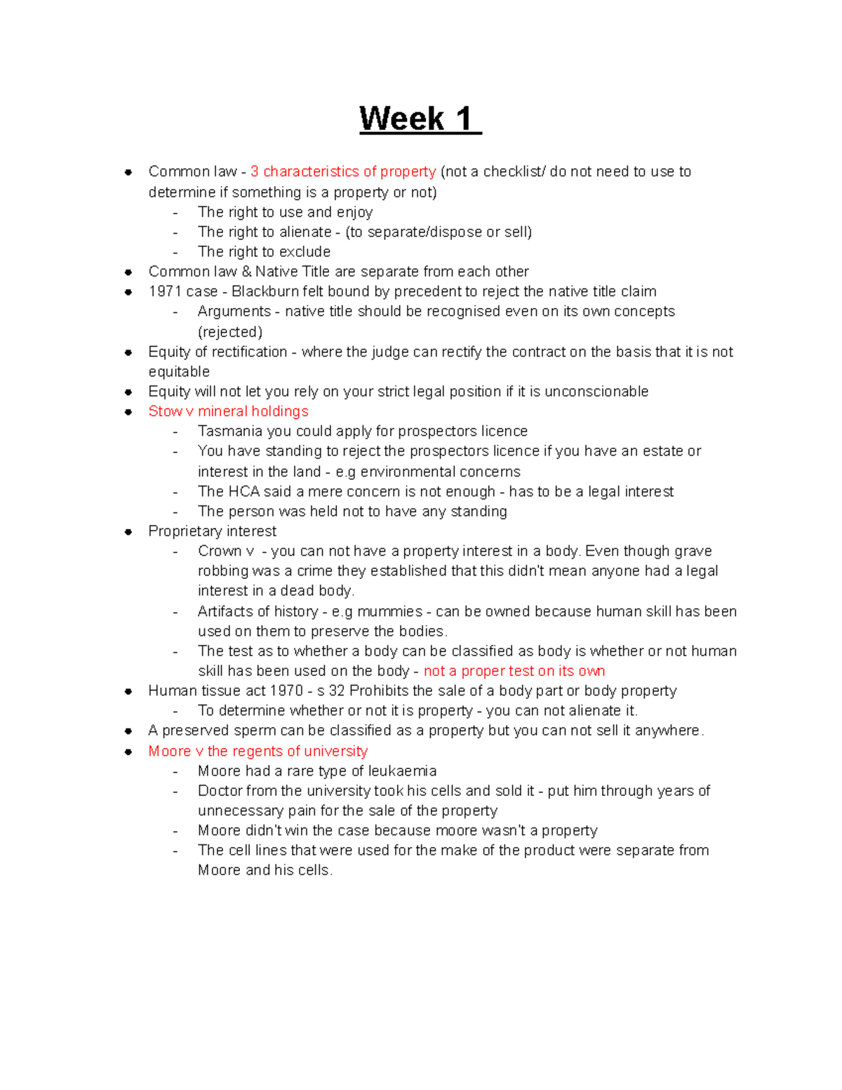 PL Class Notes - Week 1 Common law - 3 characteristics of property (not ...