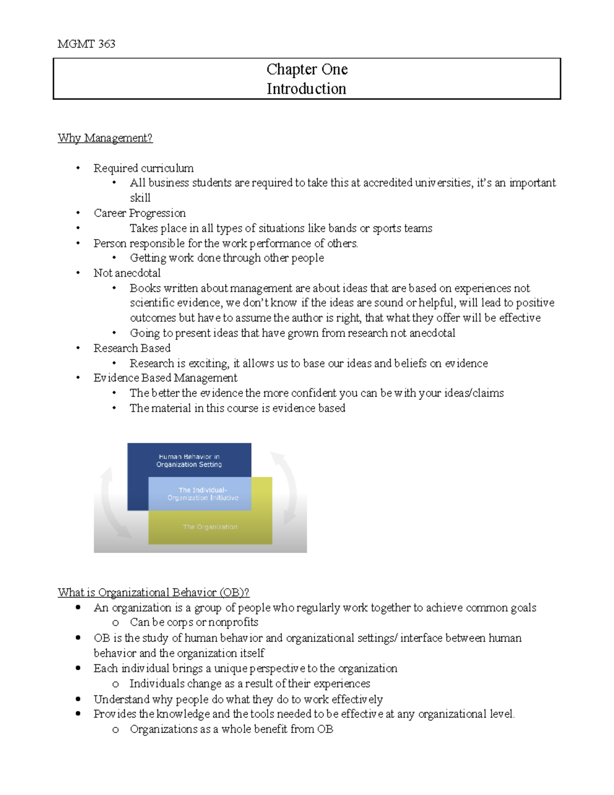MGMT 363 Chapter 1 Notes - Chapter One Introduction Why Management ...