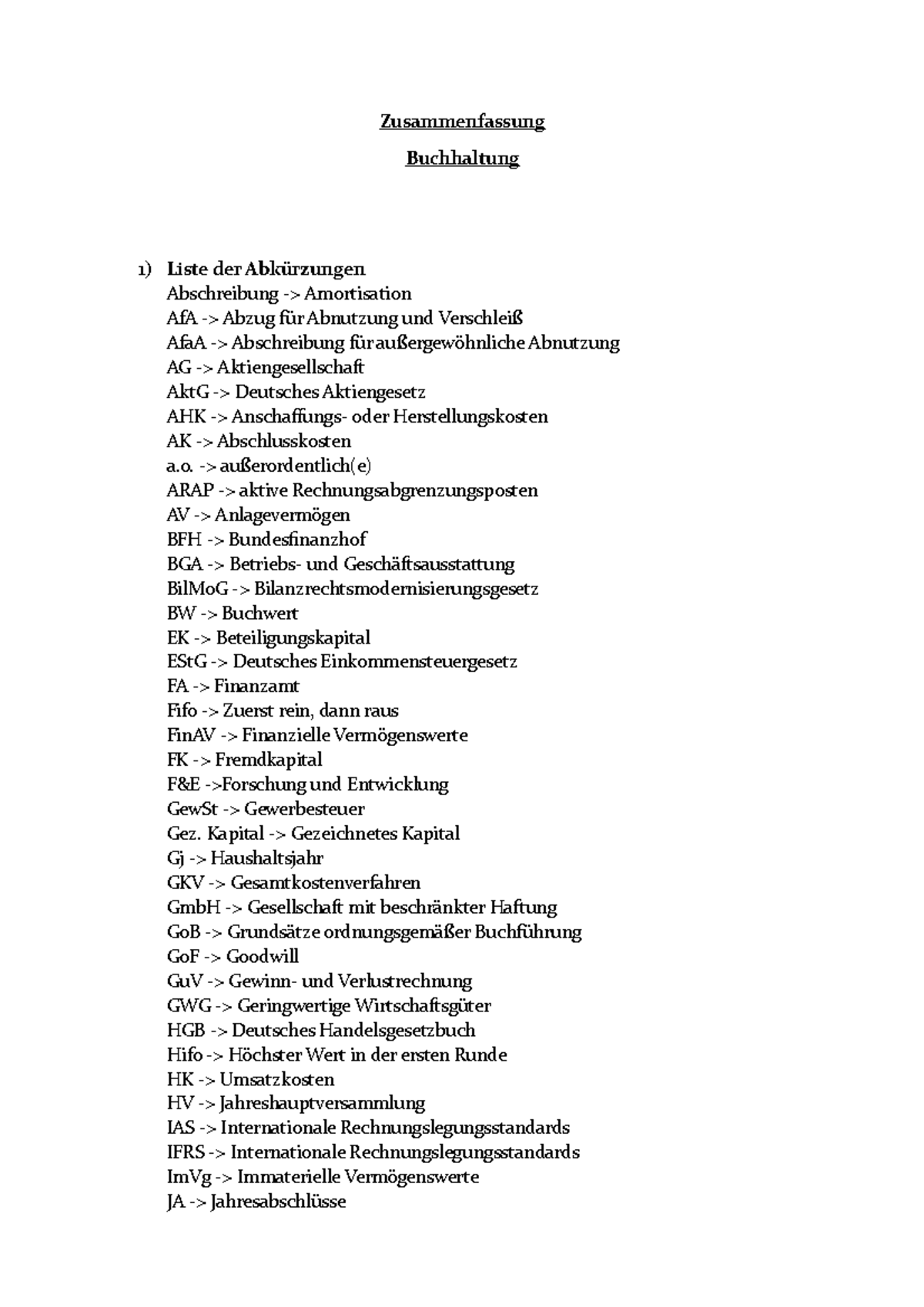 Buchführung Zusammenfassung - Zusammenfassung Buchhaltung 1) Liste Der ...