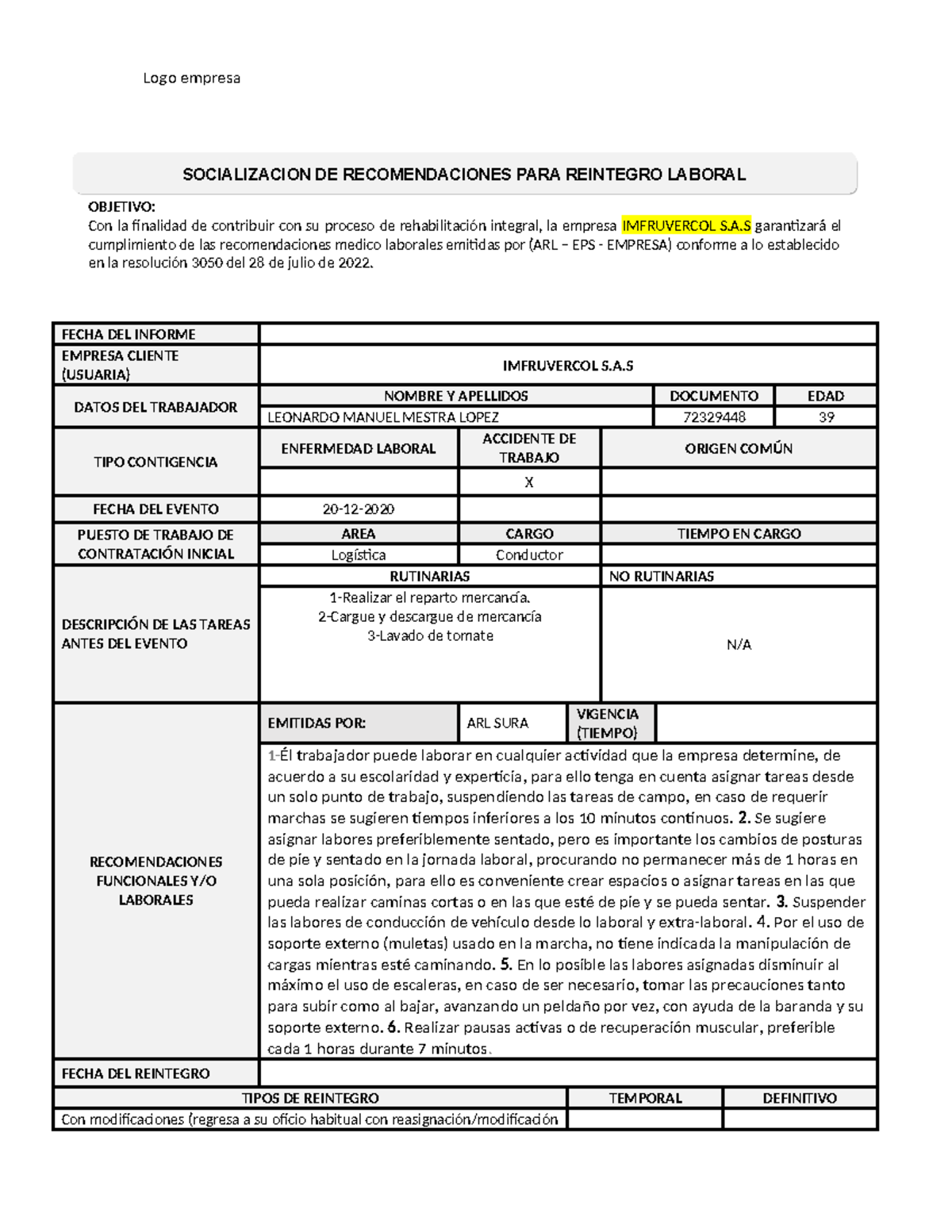 11.1 Acta de reincorporación laboral Ly Y - OBJETIVO: Con la finalidad ...