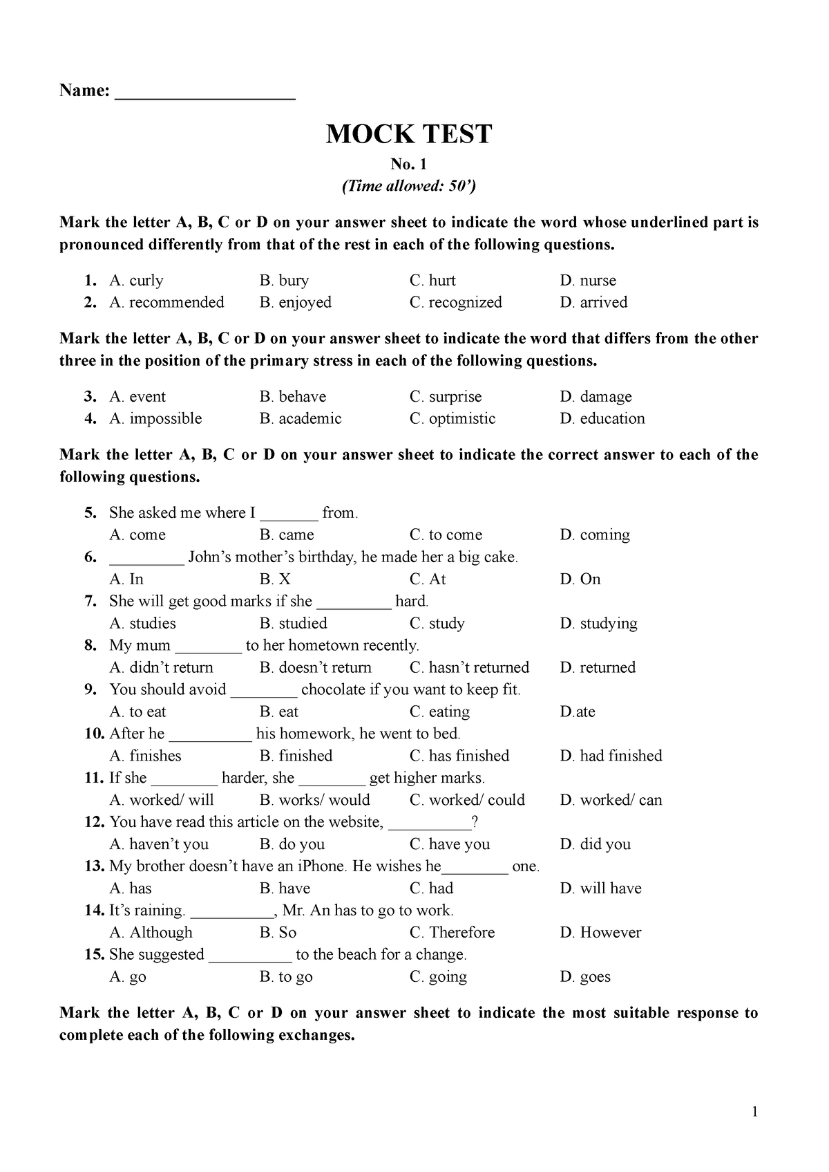 Mock Test English - Name: ____________________ MOCK TEST No. 1 (Time ...