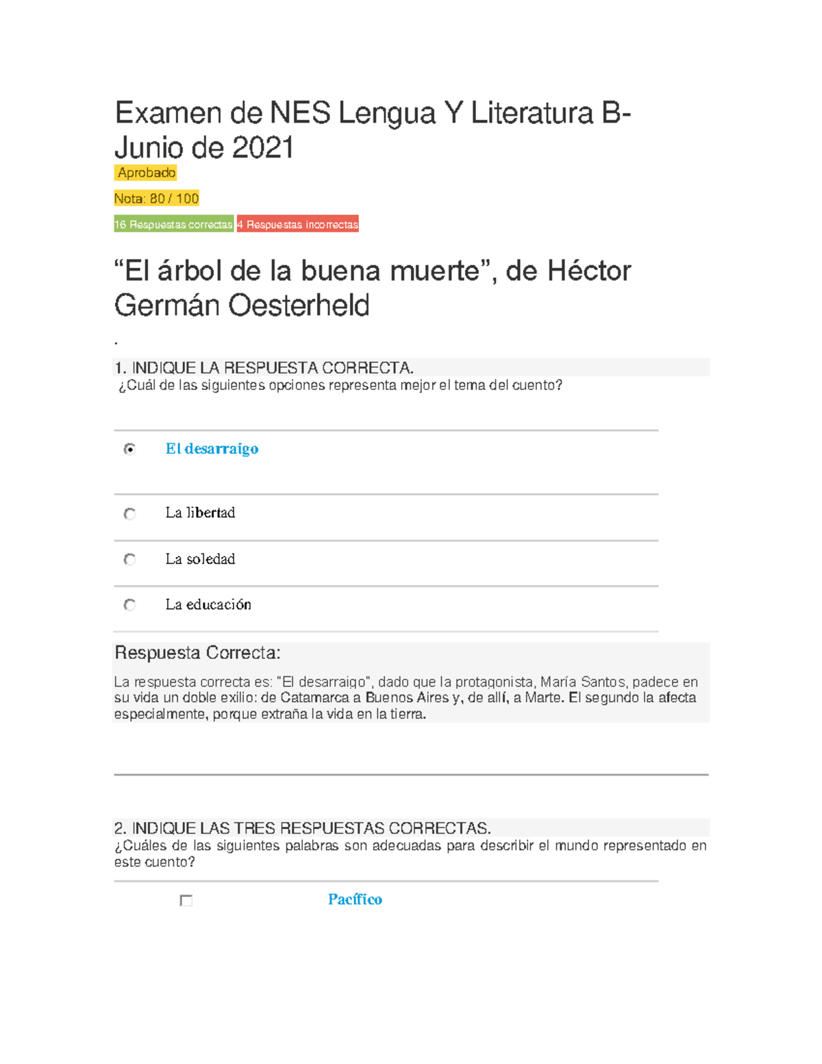 Examen De NES Lengua Y Literatura B - 1. INDIQUE LA RESPUESTA CORRECTA ...