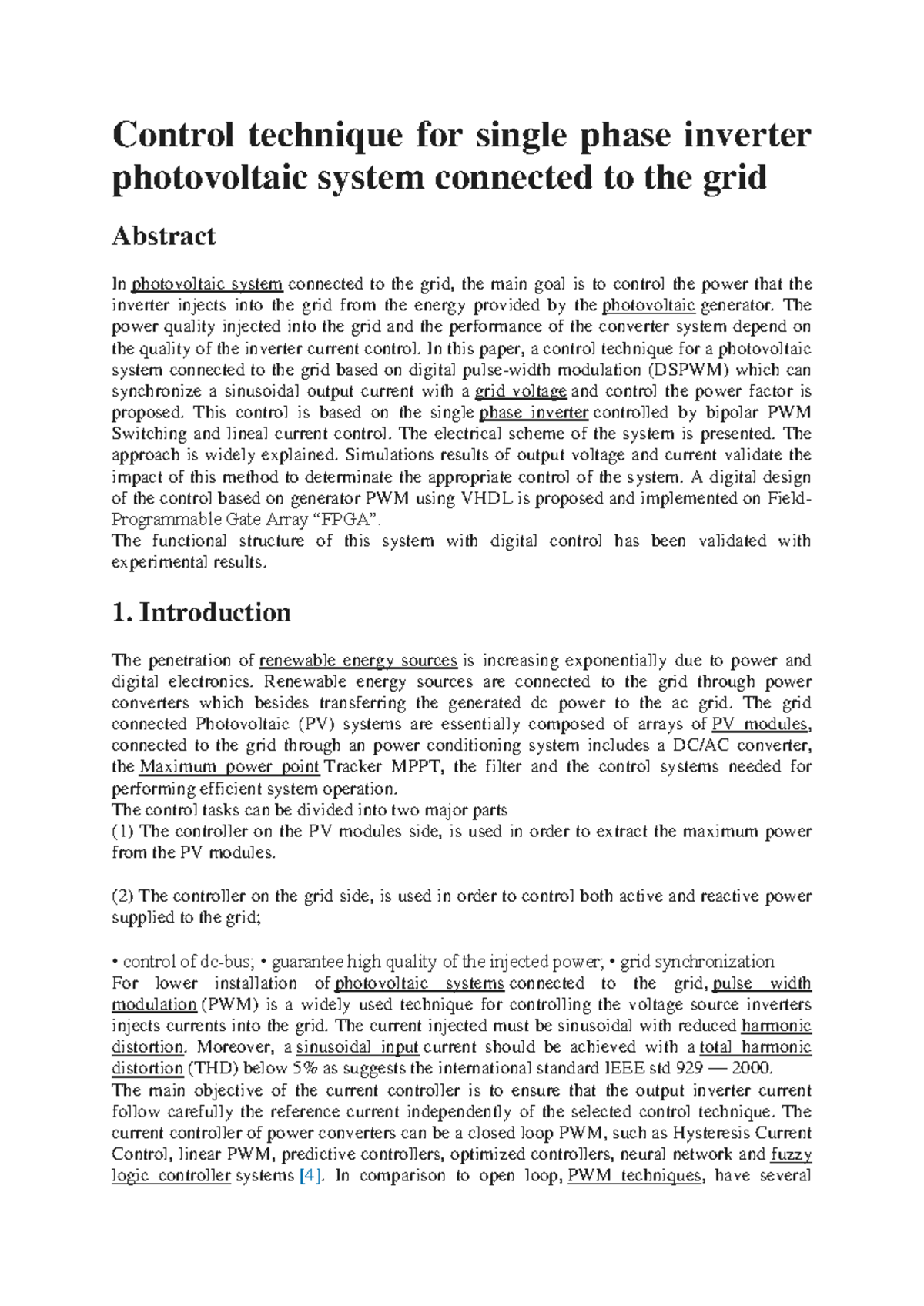 Control technique for single phase inverter photovoltaic system ...
