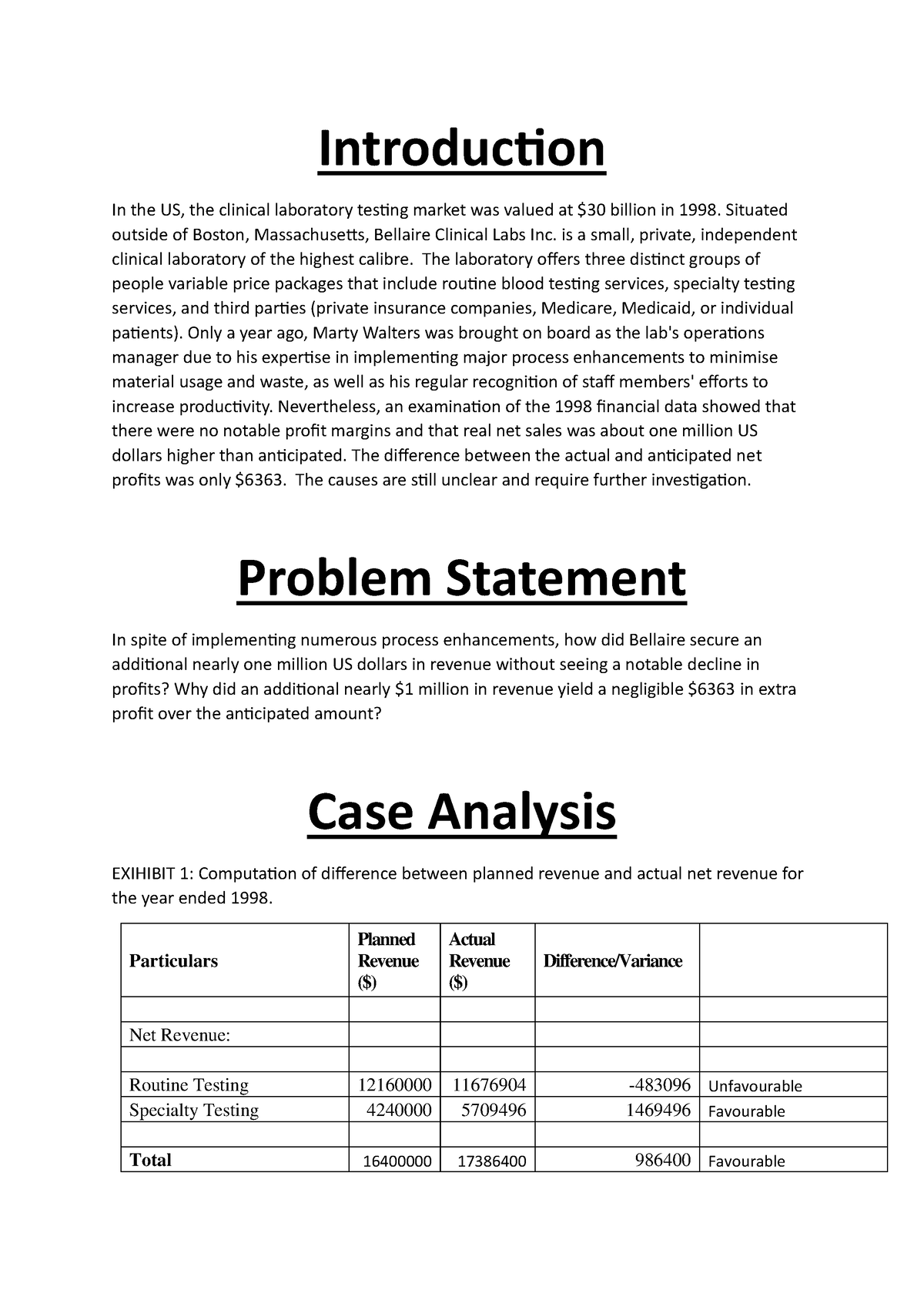 Bellaire clinical lab- Case Study - Introduction In the US, the ...