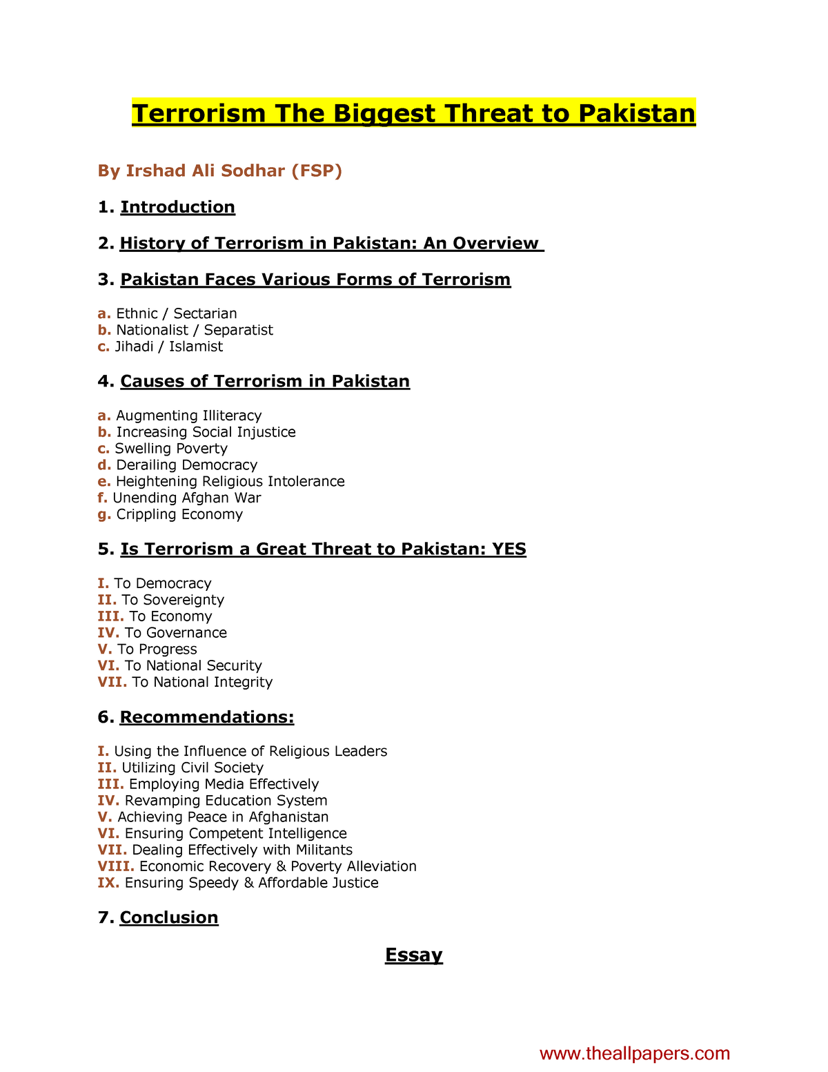 essay on terrorism in pakistan for 2nd year