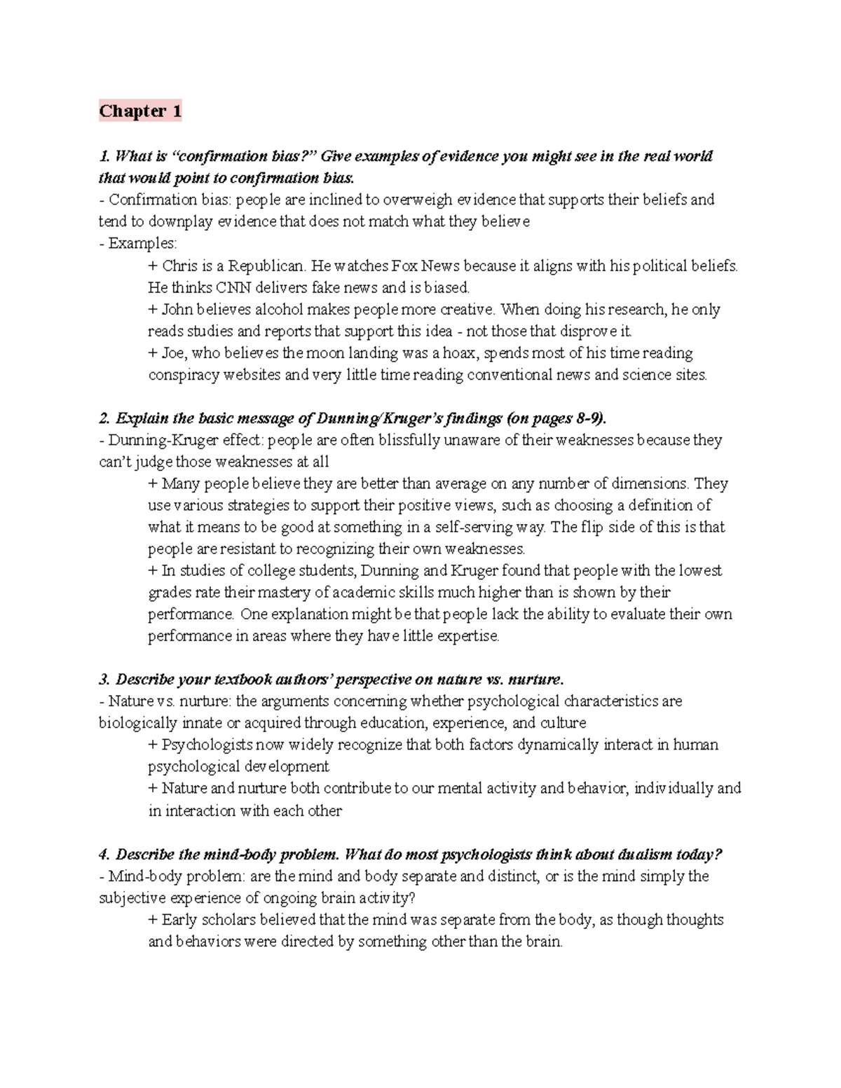 Confirmation Bias Findings Nature vs. Nurture Dualism Functionalism ...