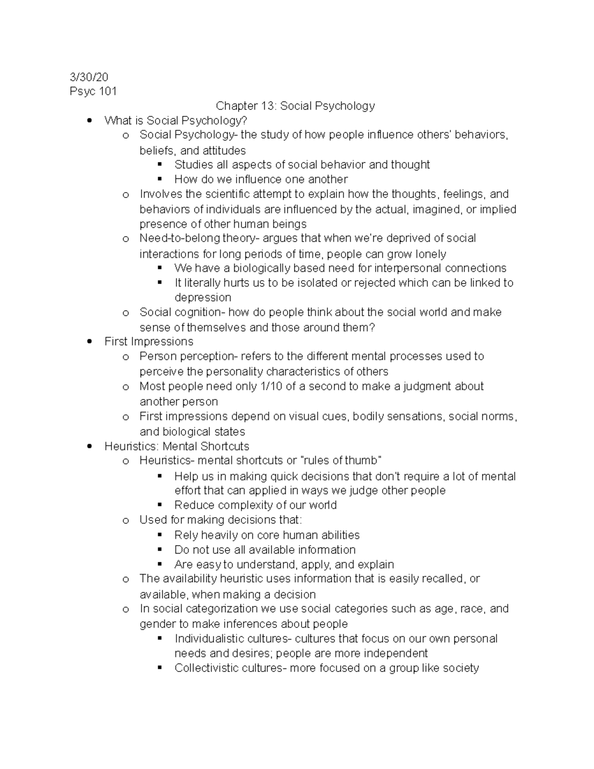 Chapter 13 Notes - 3/30/ Psyc 101 Chapter 13: Social Psychology What Is ...