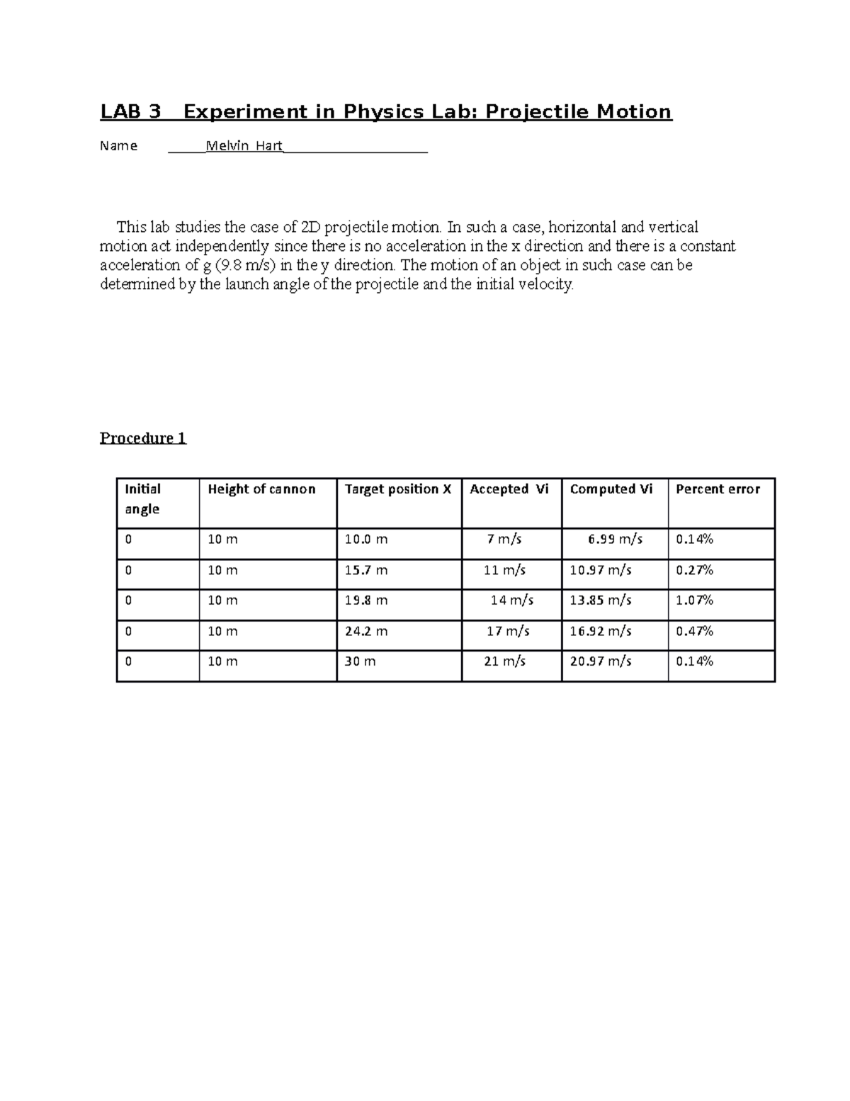 Lab3 - Projectile Motion - Ph ET simulation - LAB 3 Experiment in ...