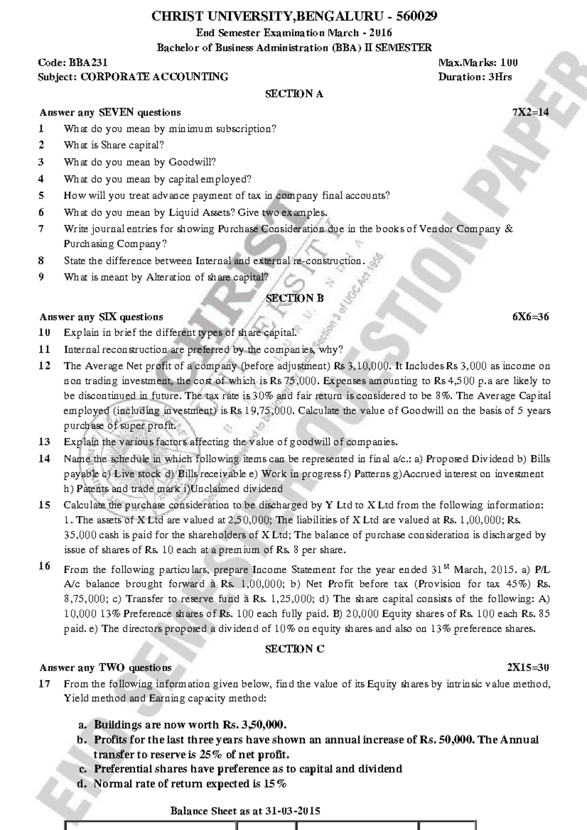 BBA231 - Assignment - CHRIST UNIVERSITY,BENGALURU - 560029 End Semester ...