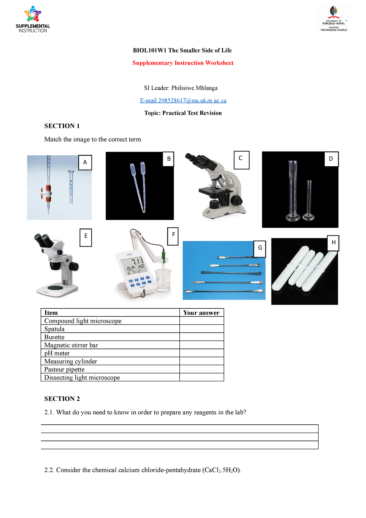 Biol101 Prac Test Revision Worksheet - Biol101w1 The Smaller Side Of 