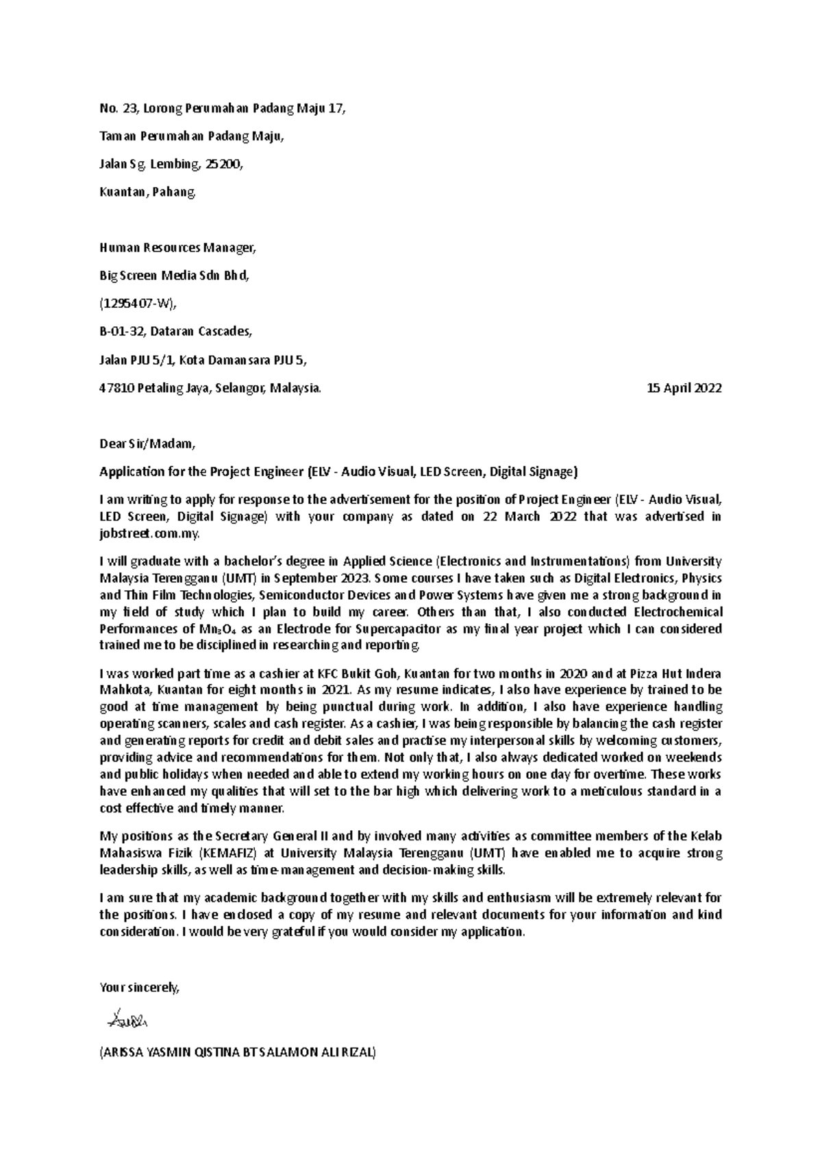 Cover Letter for application project engineer - No. 23, Lorong ...