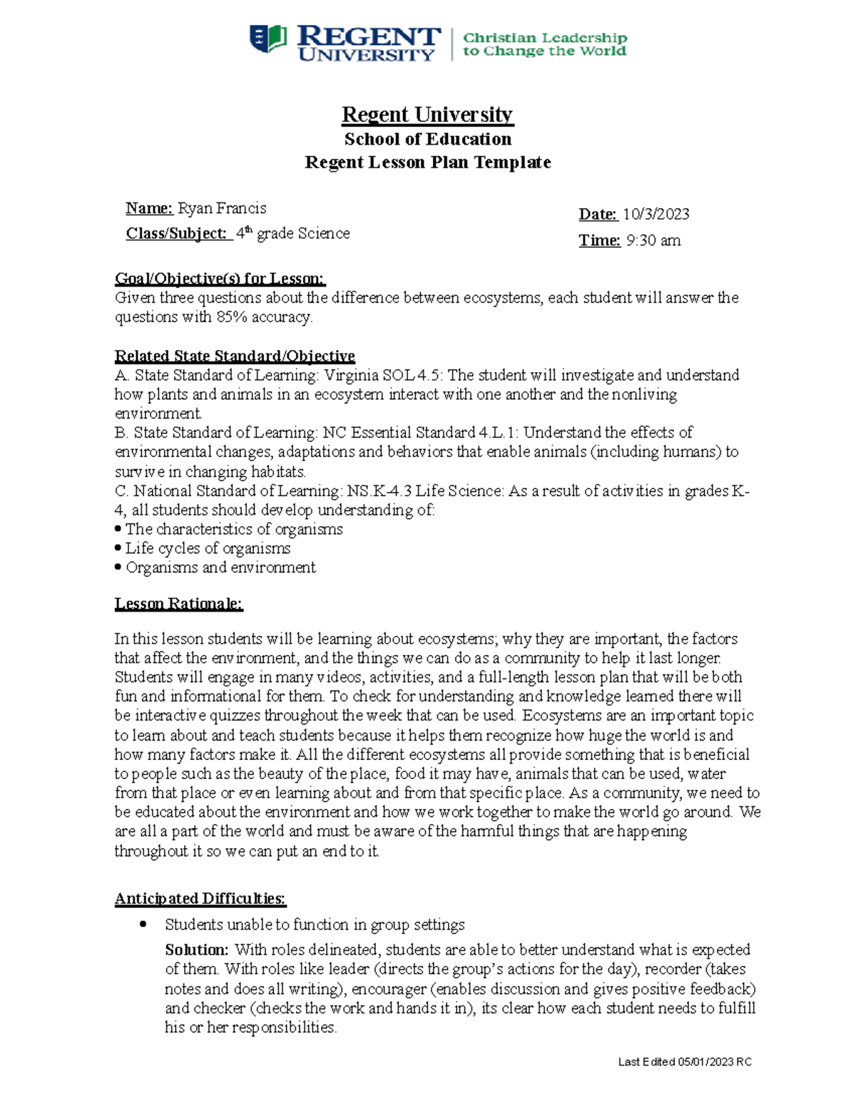 553 Lesson Plan - week 6 assignment - Regent University School of ...