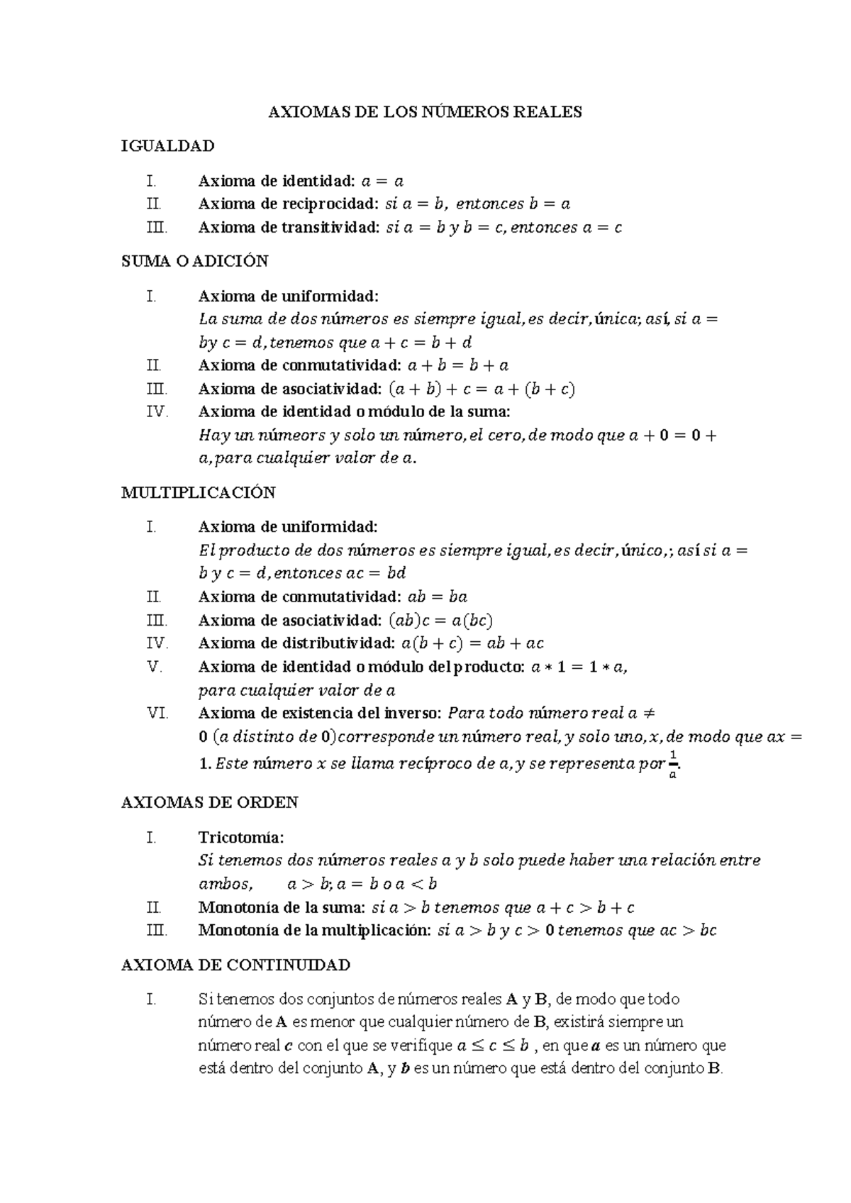 Axiomas - Números Reales - AXIOMAS DE LOS NÚMEROS REALES IGUALDAD I ...