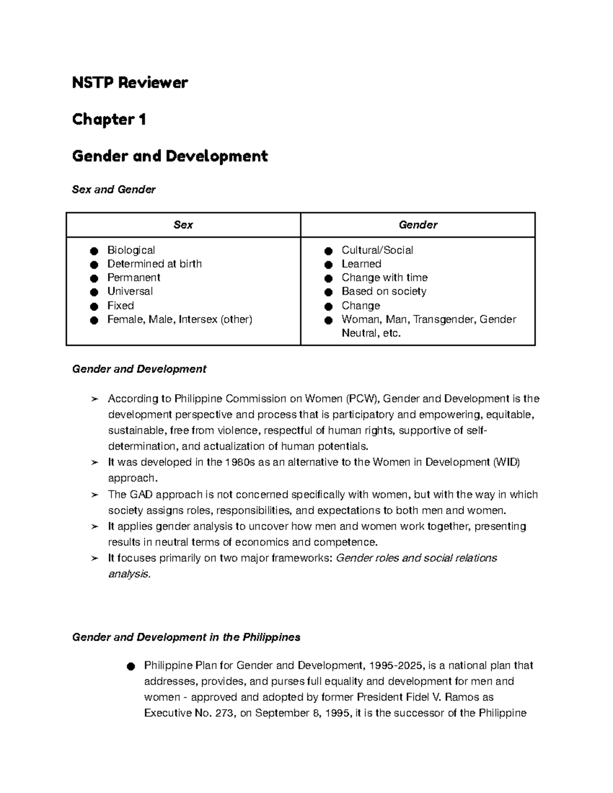 Notes in NSTP_Gender and Development to Youth for Sustainable