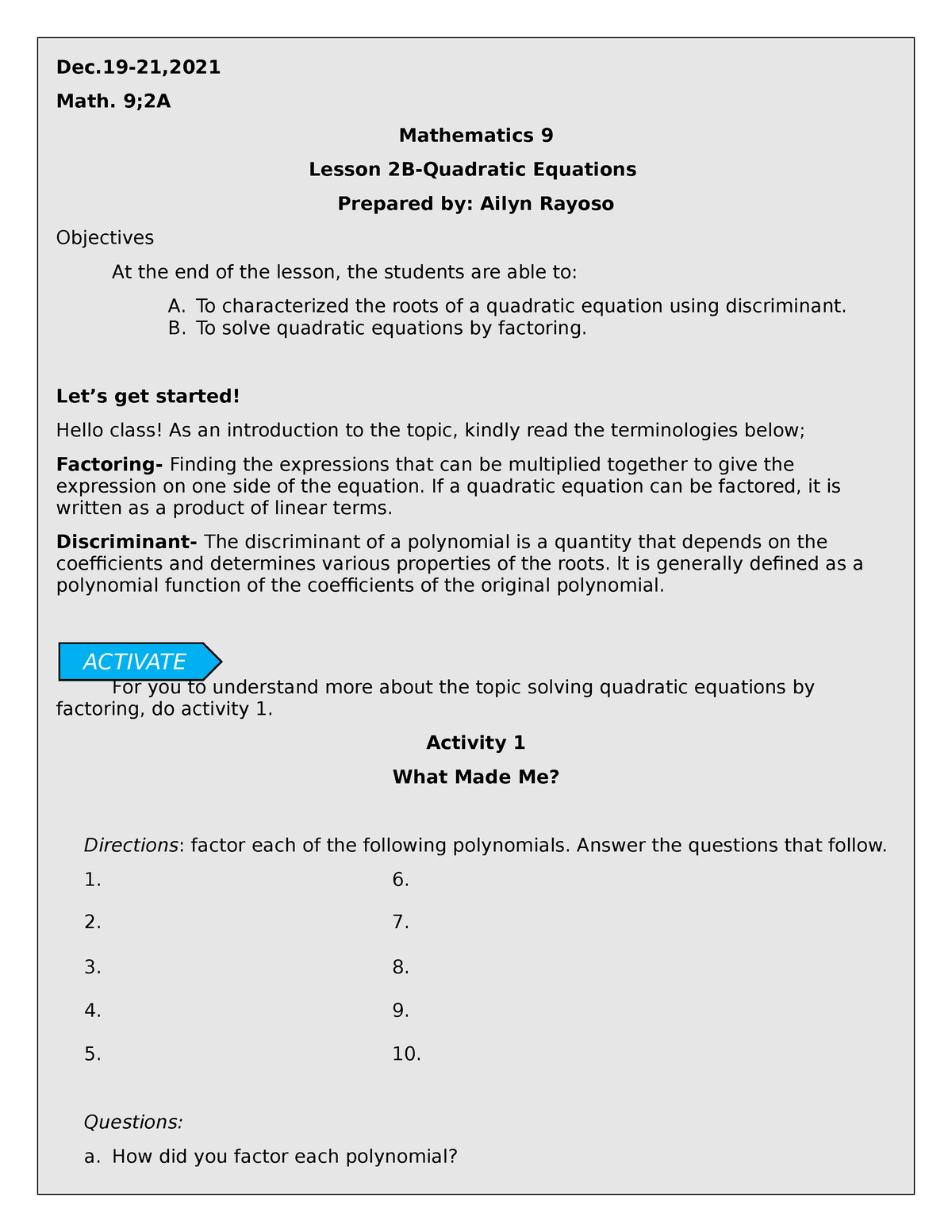 Assess Lesson Plan (Blanco) - Dec-21, Math. 9;2A Mathematics 9 Lesson ...