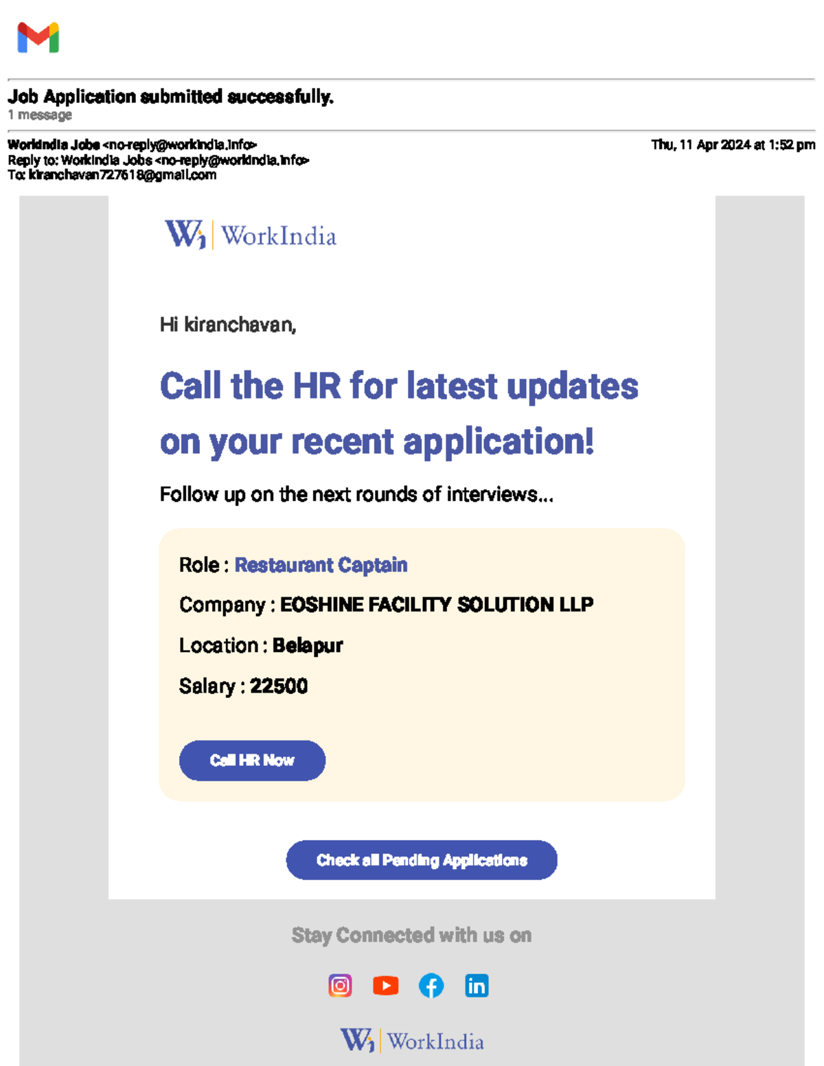 Gmail Job Application Submitted Successfully Call Hr Now Job