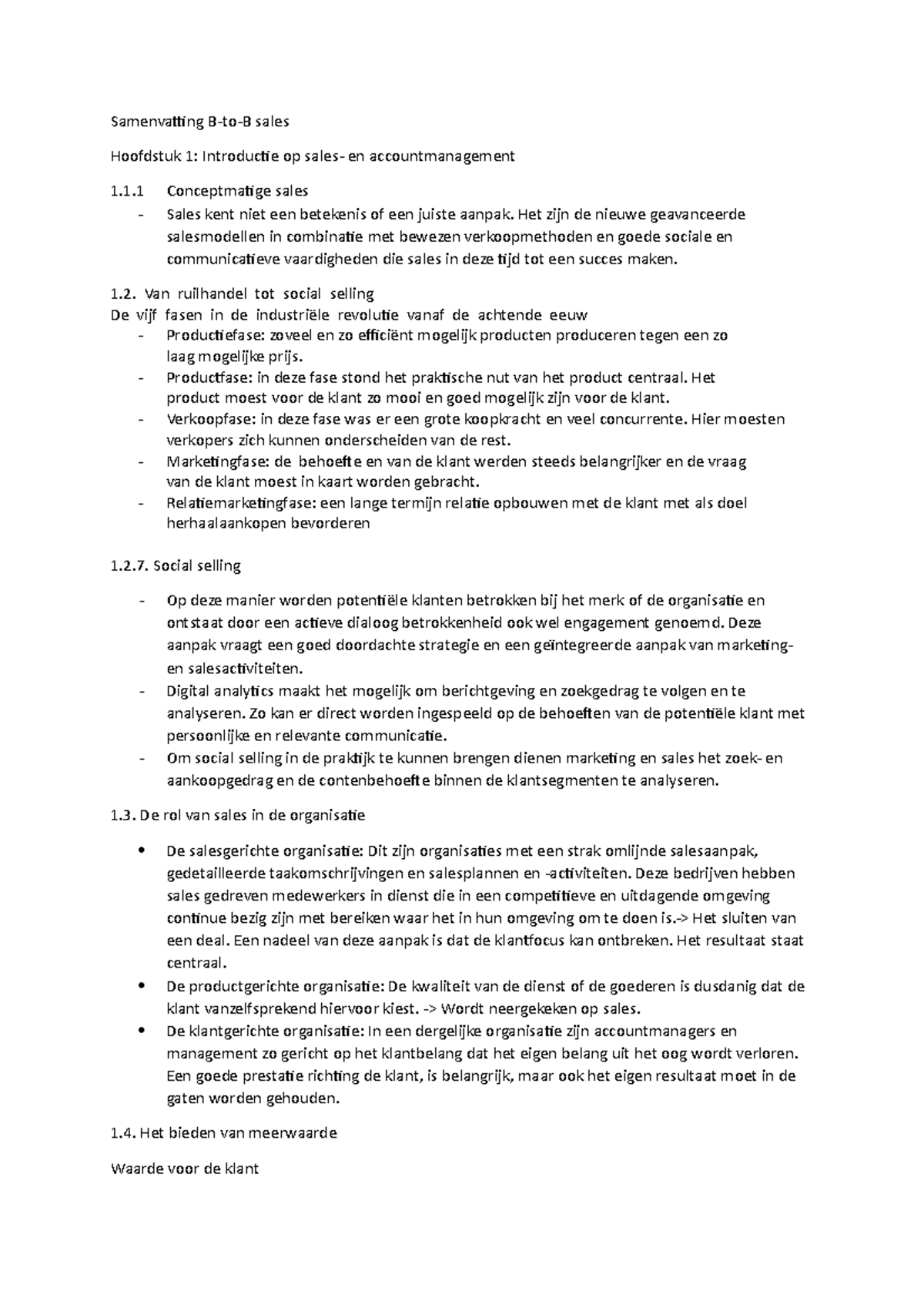 Samenvatting B-to-b1 - Samenvatting B-to-B Sales Hoofdstuk 1 ...