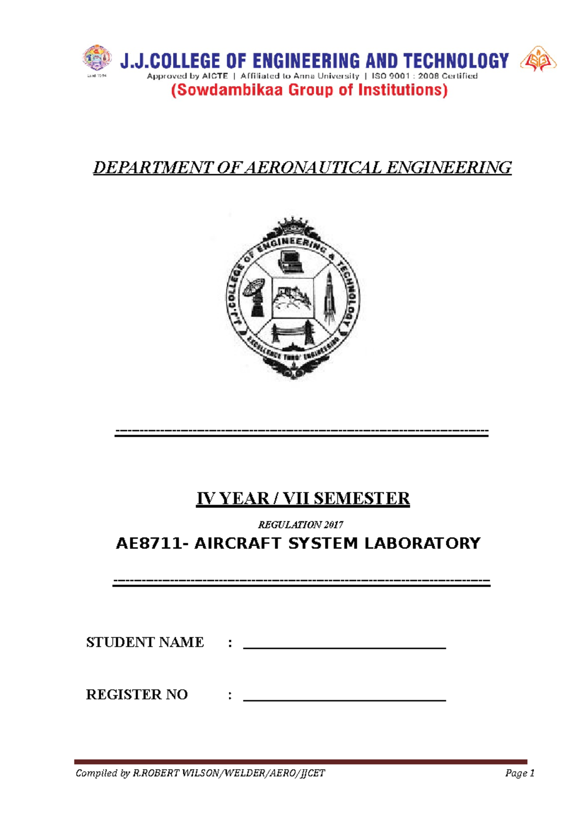 Ac system lab manual DEPARTMENT OF AERONAUTICAL ENGINEERING IV YEAR