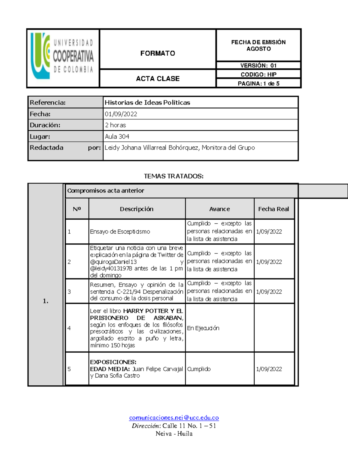 Acta Clase de 1 septiembre 2022 - FORMATO AGOSTO VERSIÓN: 01 ACTA CLASE ...