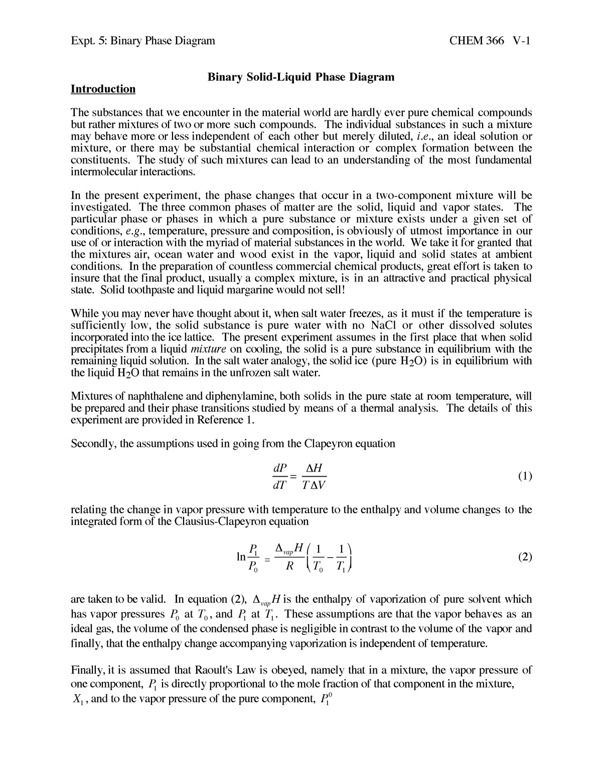 Expt 5 Binary Phases - Binary Solid-Liquid Phase Diagram Introduction ...