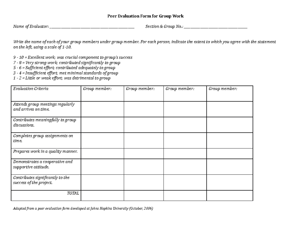 Peer Evaluation - one two three - Peer Evaluation Form for Group Work ...