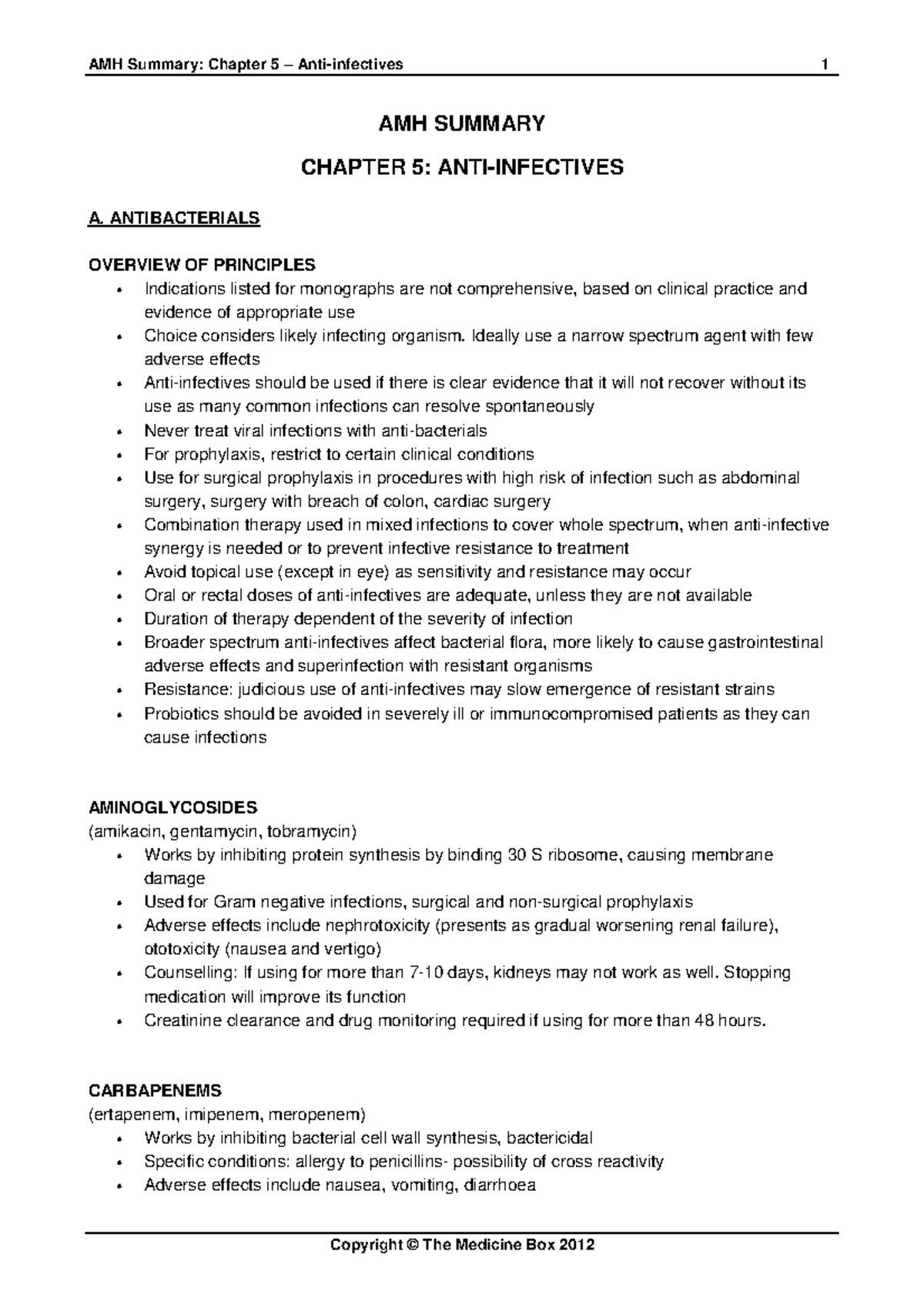 Anti infectives Antibiotics AMH SUMMARY CHAPTER 5 ANTIINFECTIVES