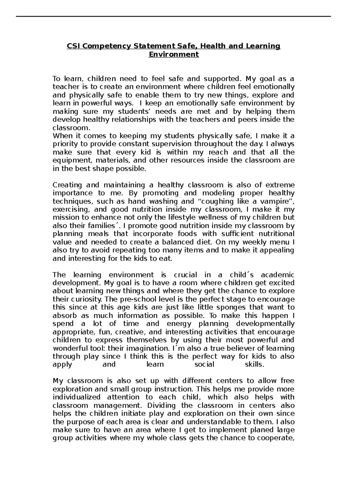 CSI Competency Statement Safe, Health and Learning Assignment - CSI ...