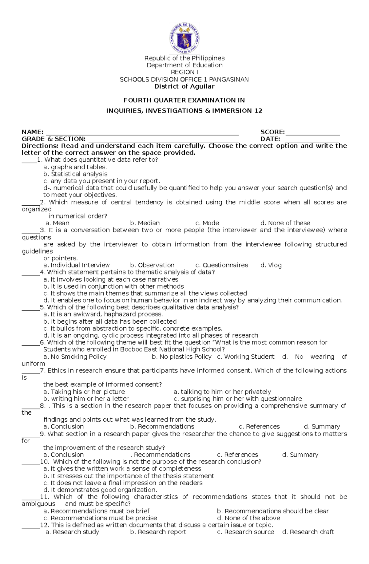 3 I S 4t Quarter Exam Republic Of The Philippines Department Of Education Region I Schools