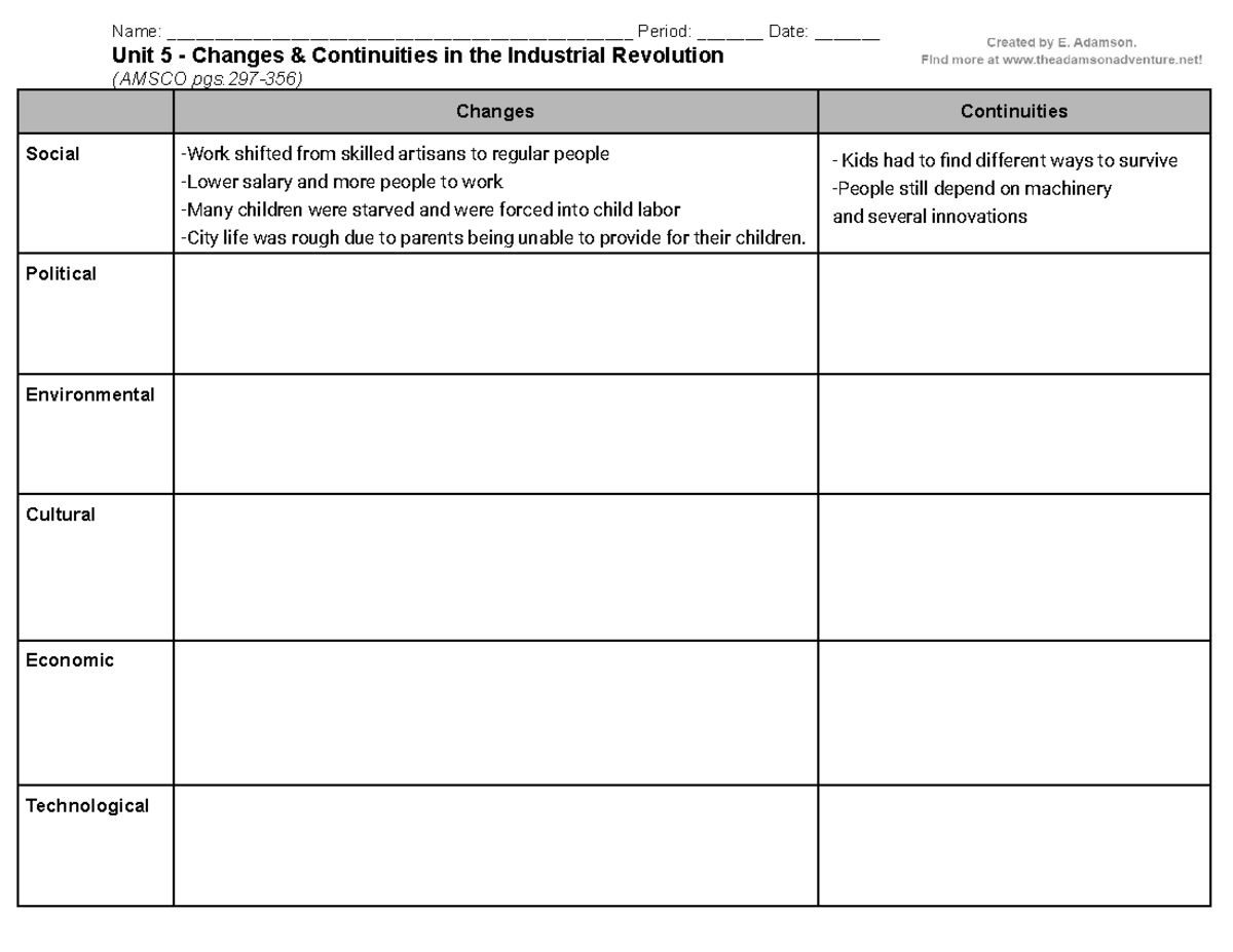 Unit 5 Changes & Continuities in the Industrial Revolution - Name ...