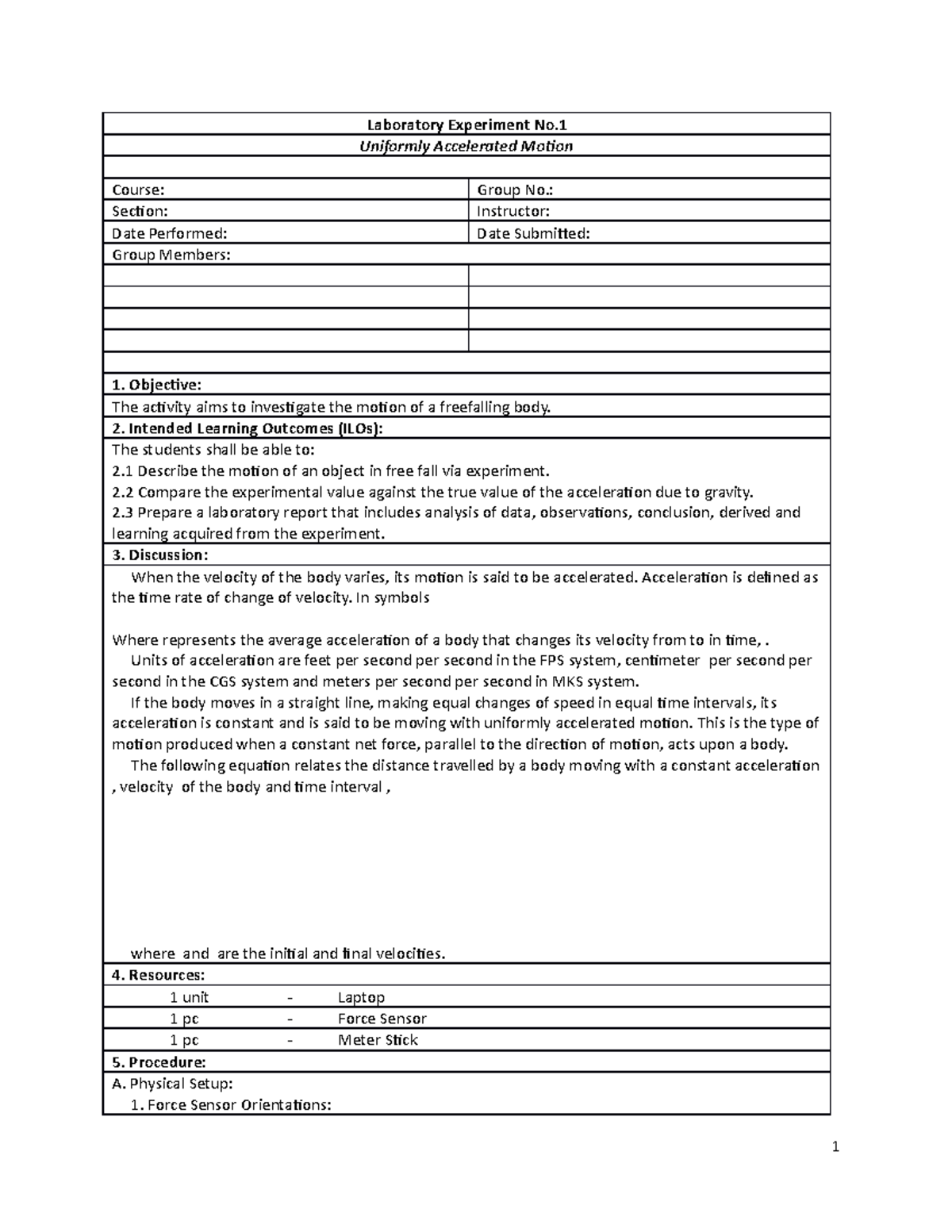 Experiment 1 Uniformly Accelerated Motion 2 - Laboratory Experiment No ...
