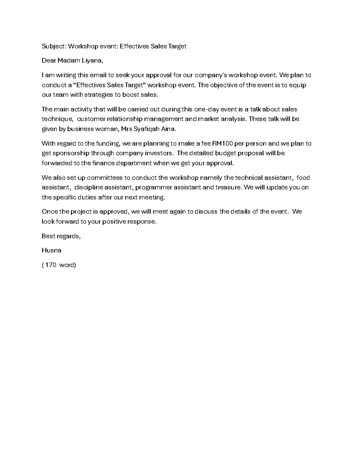 example email for assignments - Subject: Workshop event: Effectives ...