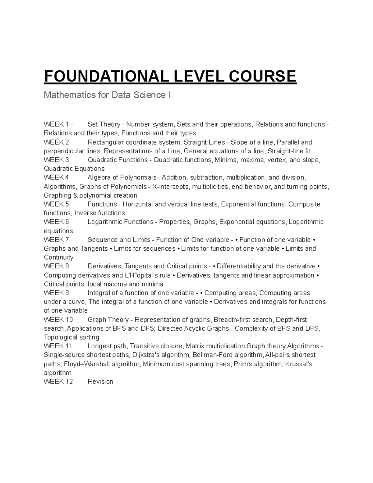 Maths 1 Syllabus - Course For Engineering - FOUNDATIONAL LEVEL COURSE ...