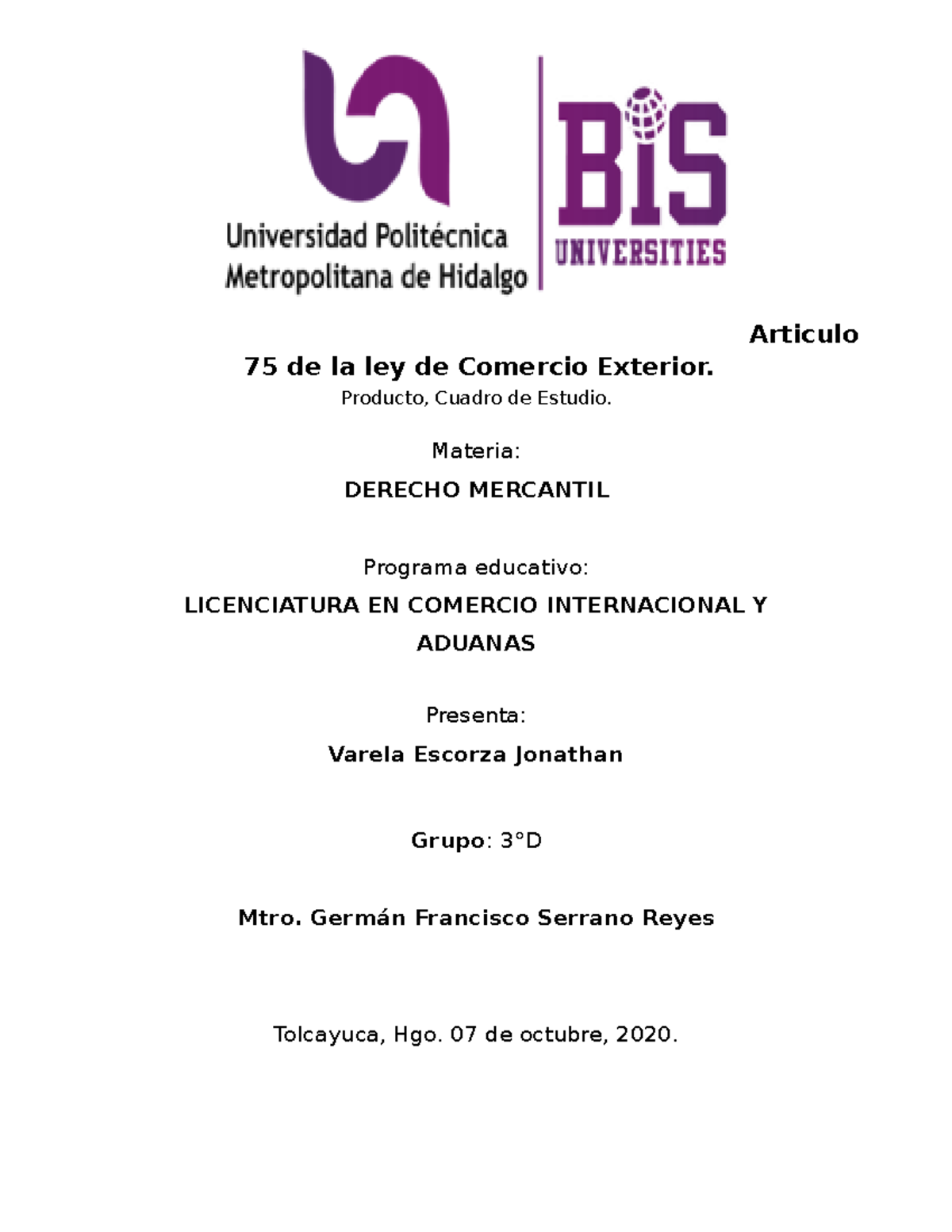 Producto Derecho - Articulo 75 de la ley de Comercio Exterior. Producto ...