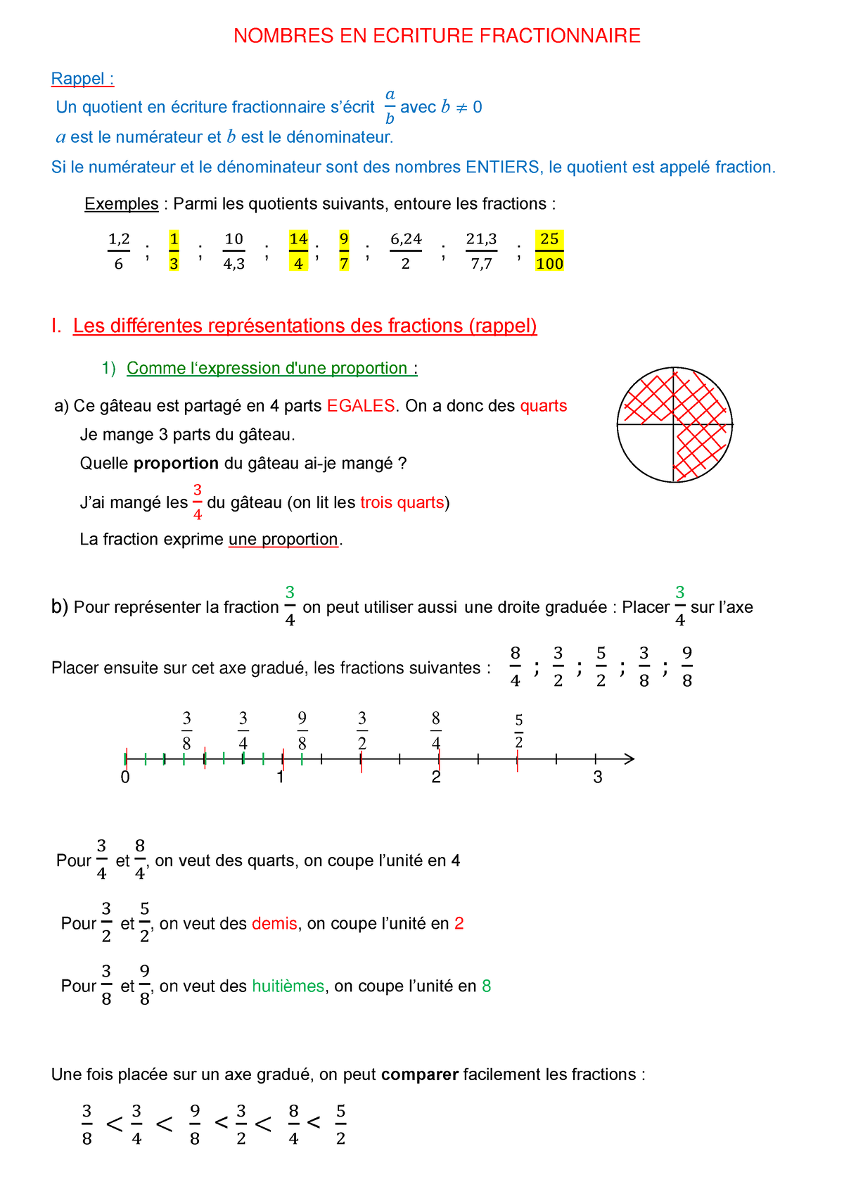 Chapitre 3 Fractions - NOMBRES EN ECRITURE FRACTIONNAIRE Rappel : Un ...