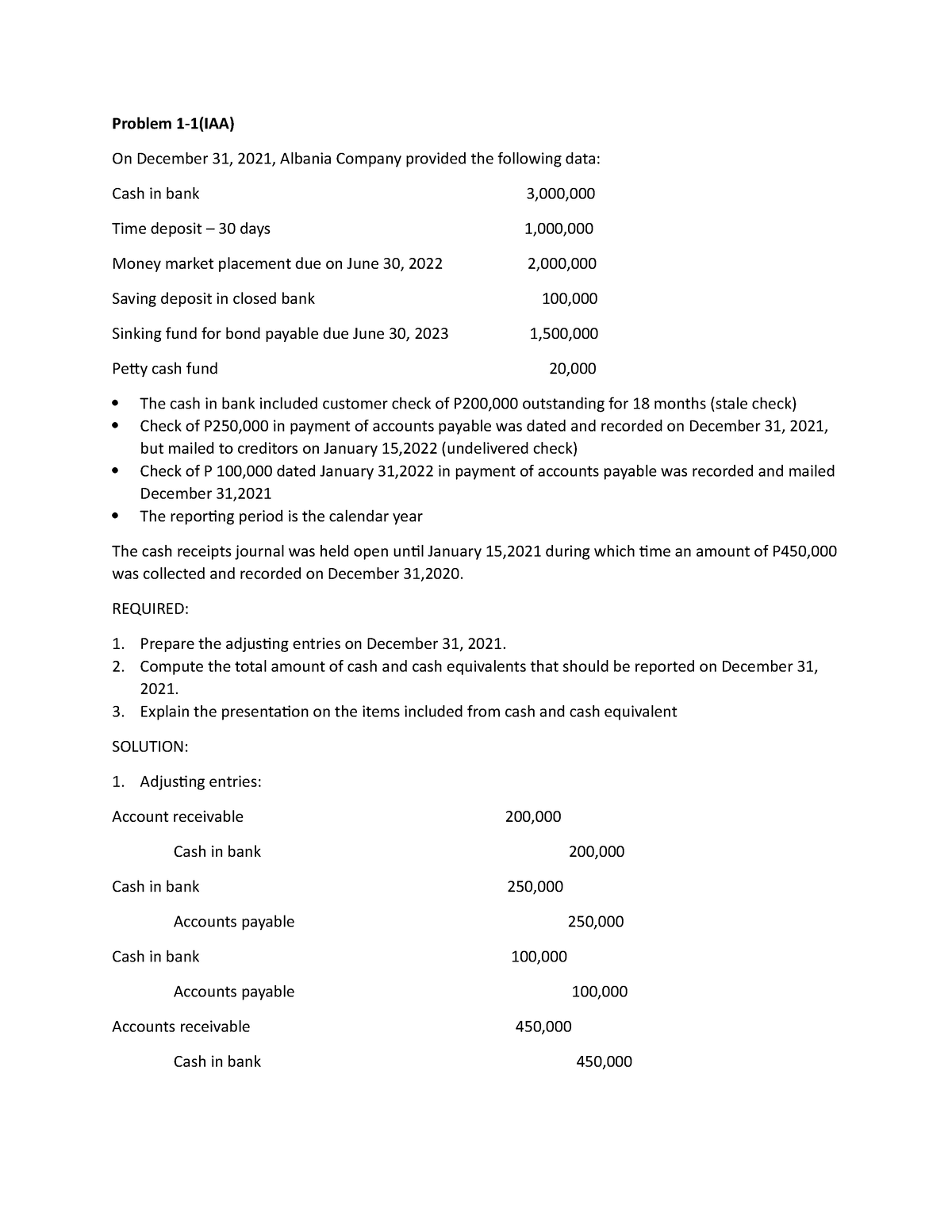 Intacc - INTEGRATED ACCOUNTING 1 - Problem 1-1(IAA) On December 31, 2021, Albania Company ...