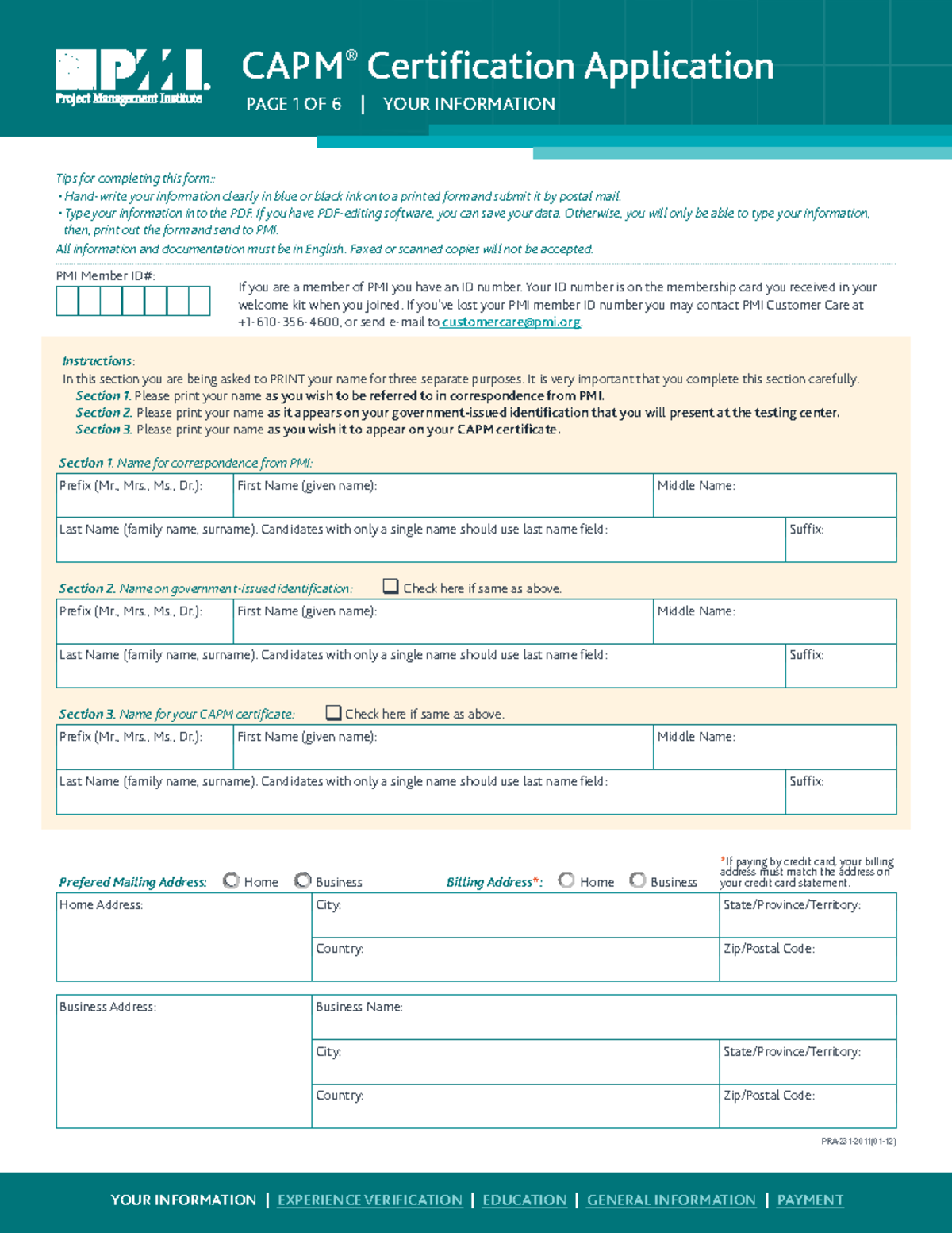 CAPM Printable Form - Assignment - CAPM ® Certification Application ...