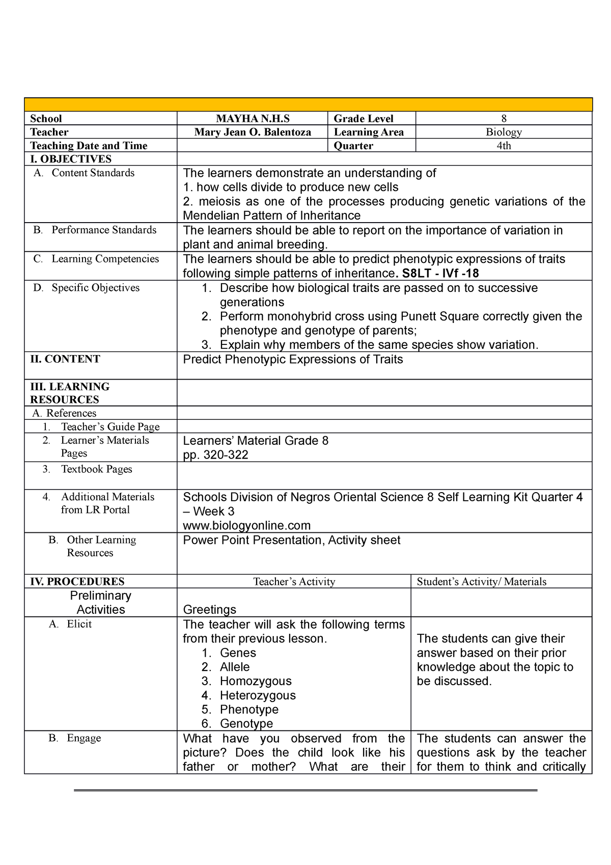 Lesson plan 2nd cot - School MAYHA N.H Grade Level 8 Teacher Mary Jean ...