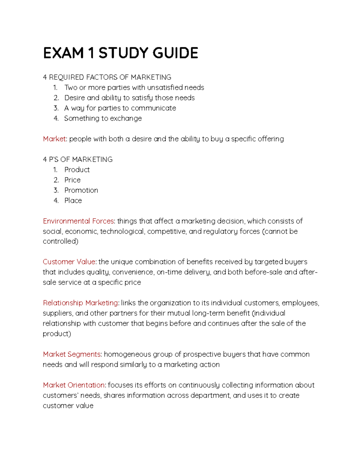 Exam 1 Study Guide: Marketing Factors Environmental Forces Customer ...