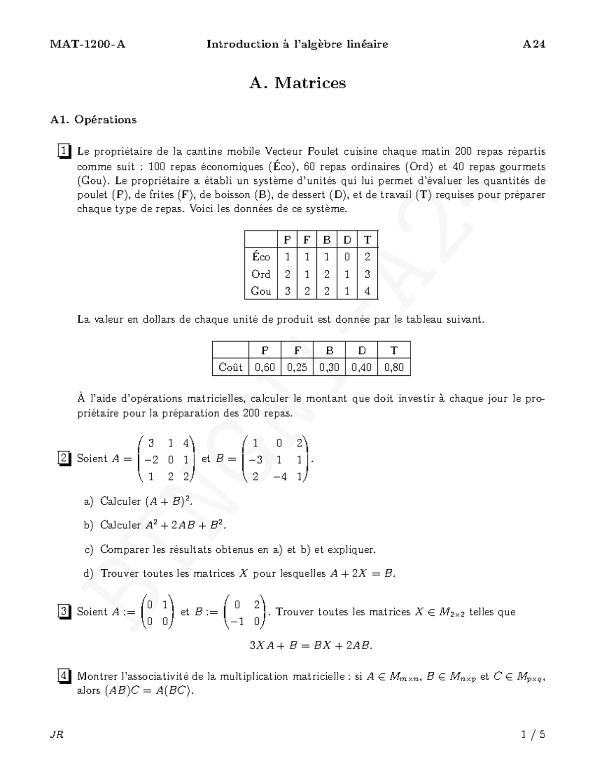 Ex-A - td de mathematiques - A. Matrices A1. Opérations 1 Le ...