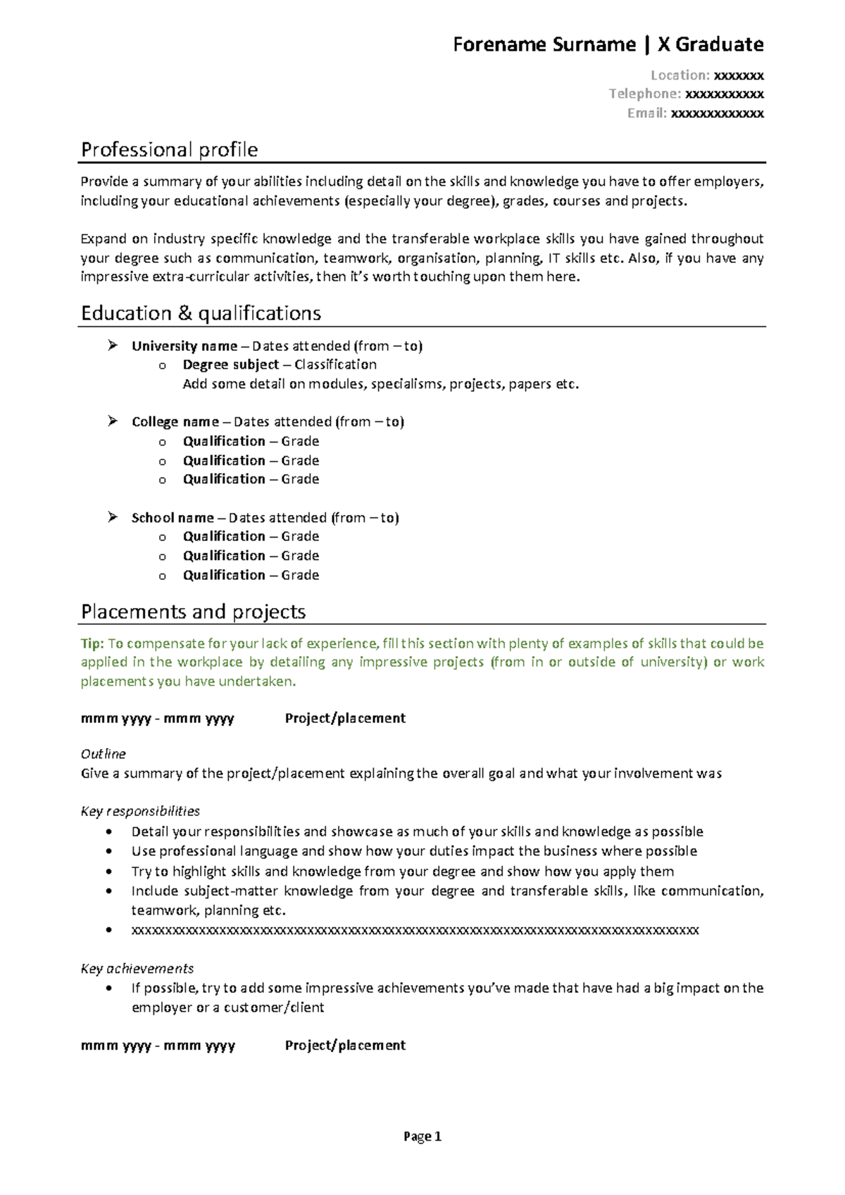Graduate No Experience CV Template - Page 1 Forename Surname | X ...